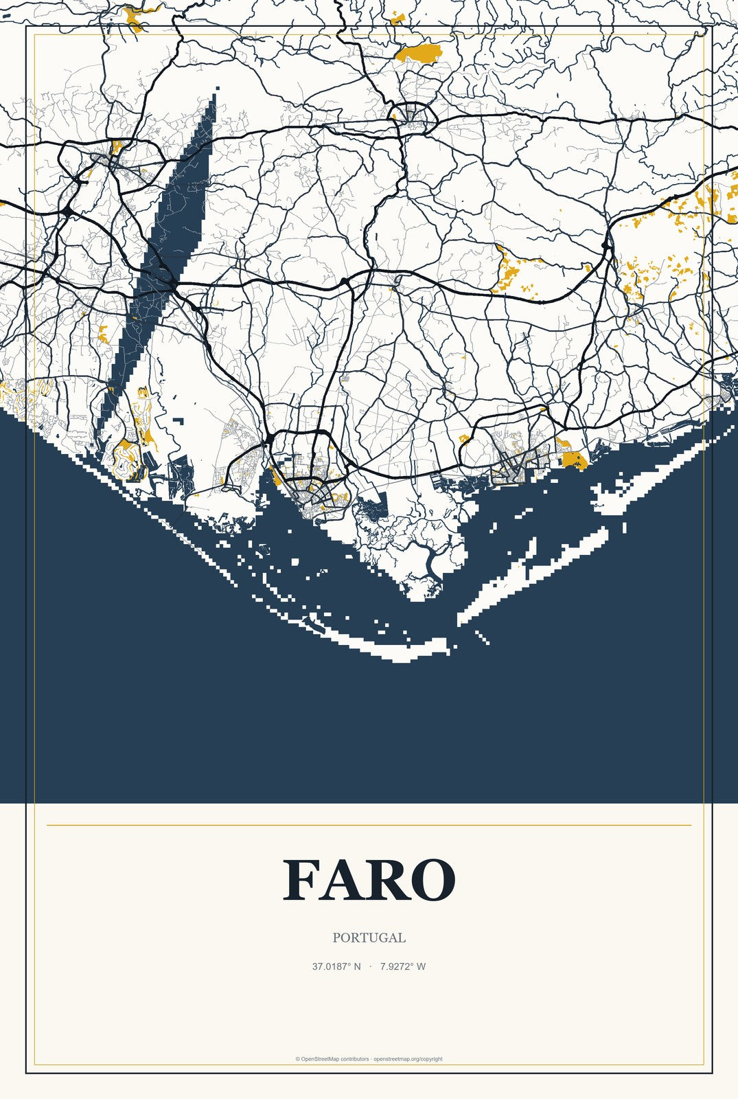 Faro, Portugal City Map Aluminum Sign in Citrine Modern style