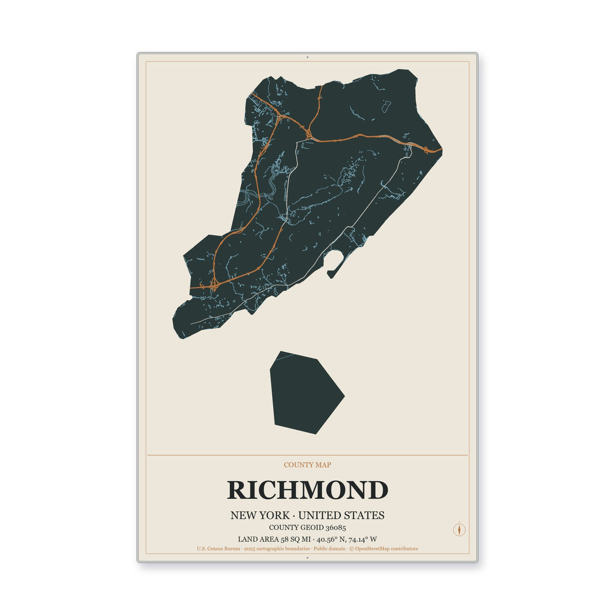 Richmond County, New York Map Aluminum Sign in Headline Atlas style