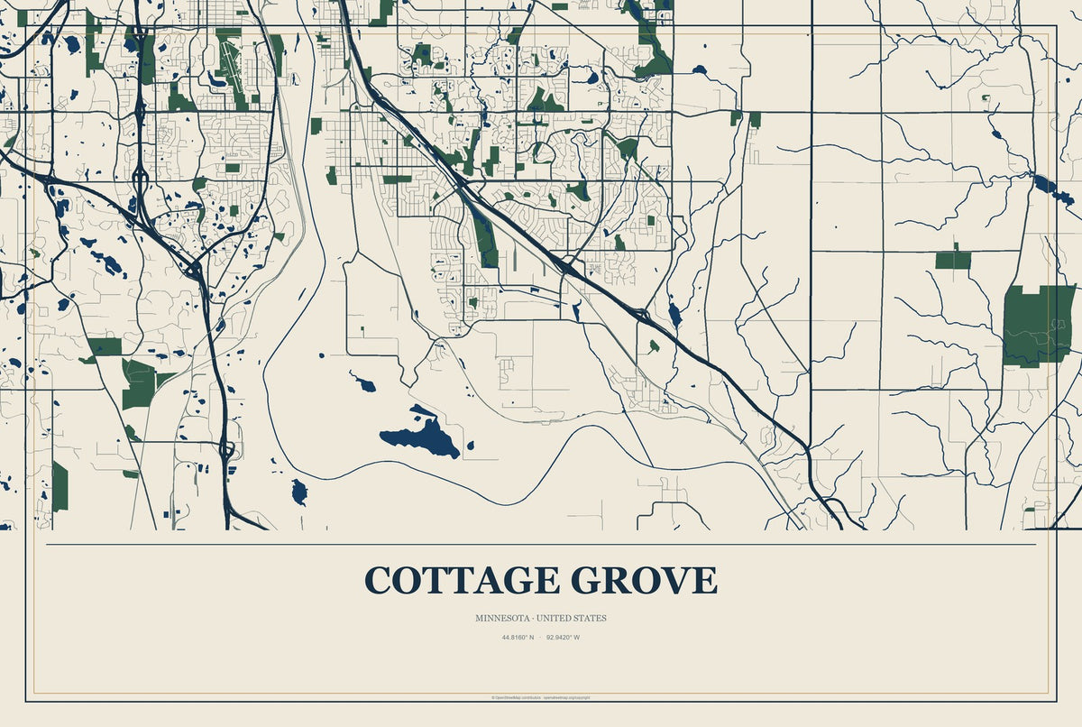 Cottage Grove, Minnesota City Map Aluminum Sign in Coastal Cutout style