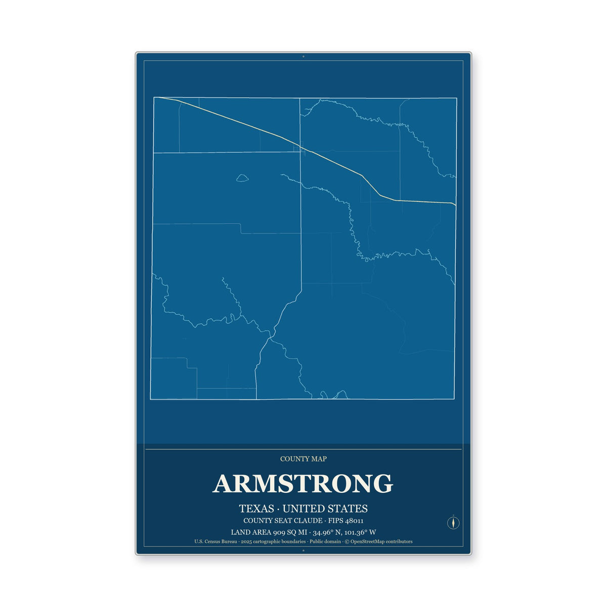 Armstrong County, Texas Map Aluminum Sign in Harbor Cobalt style