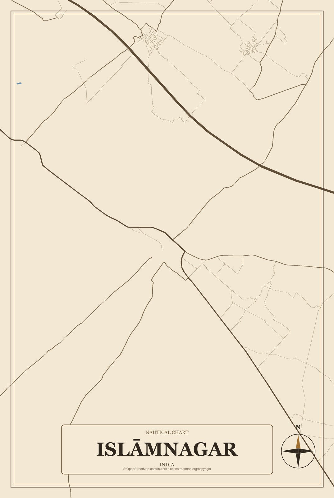 Islāmnagar, India City Map Aluminum Sign in Heritage Nautical style