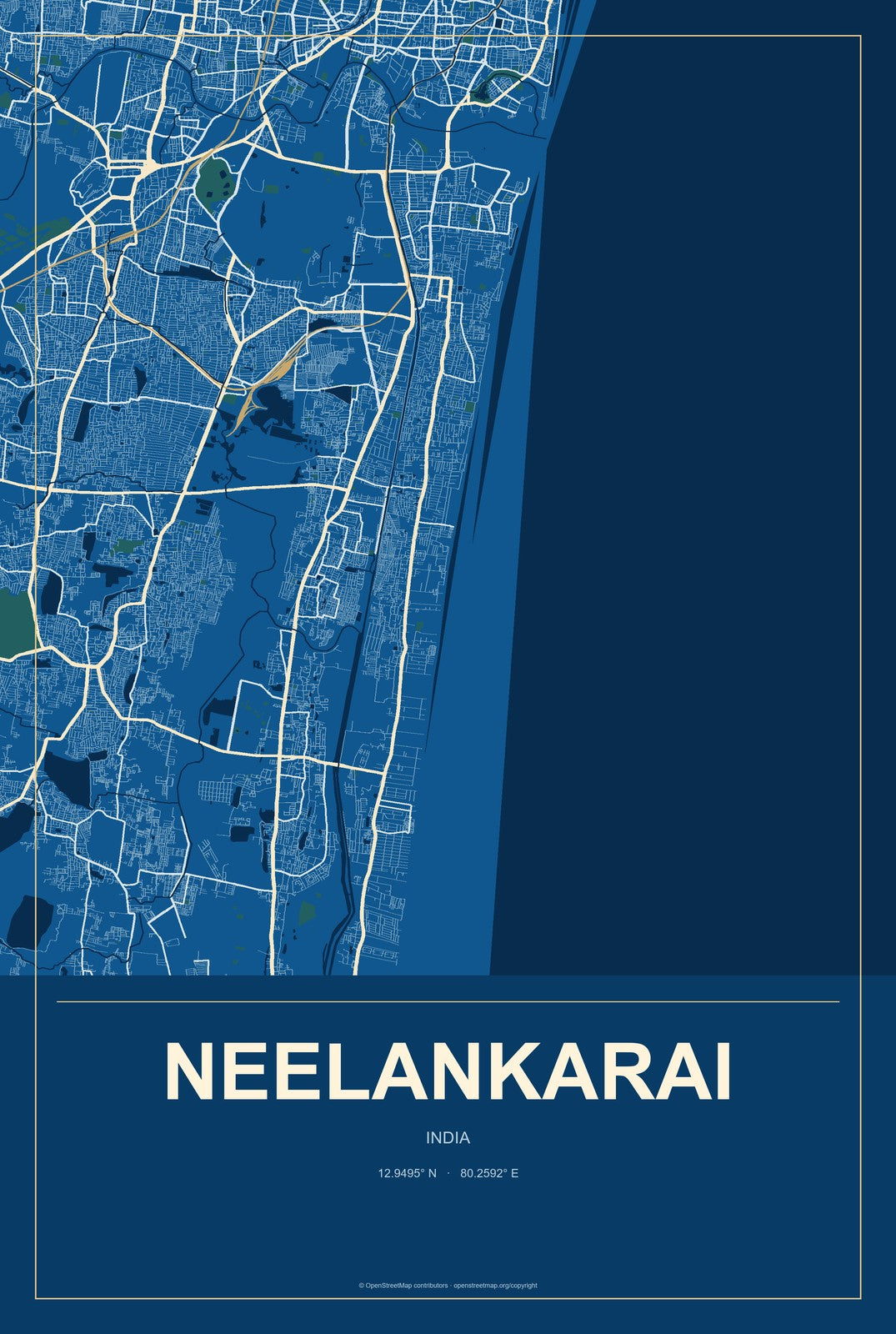 Neelankarai, India City Map Aluminum Sign in Harbor Cobalt style