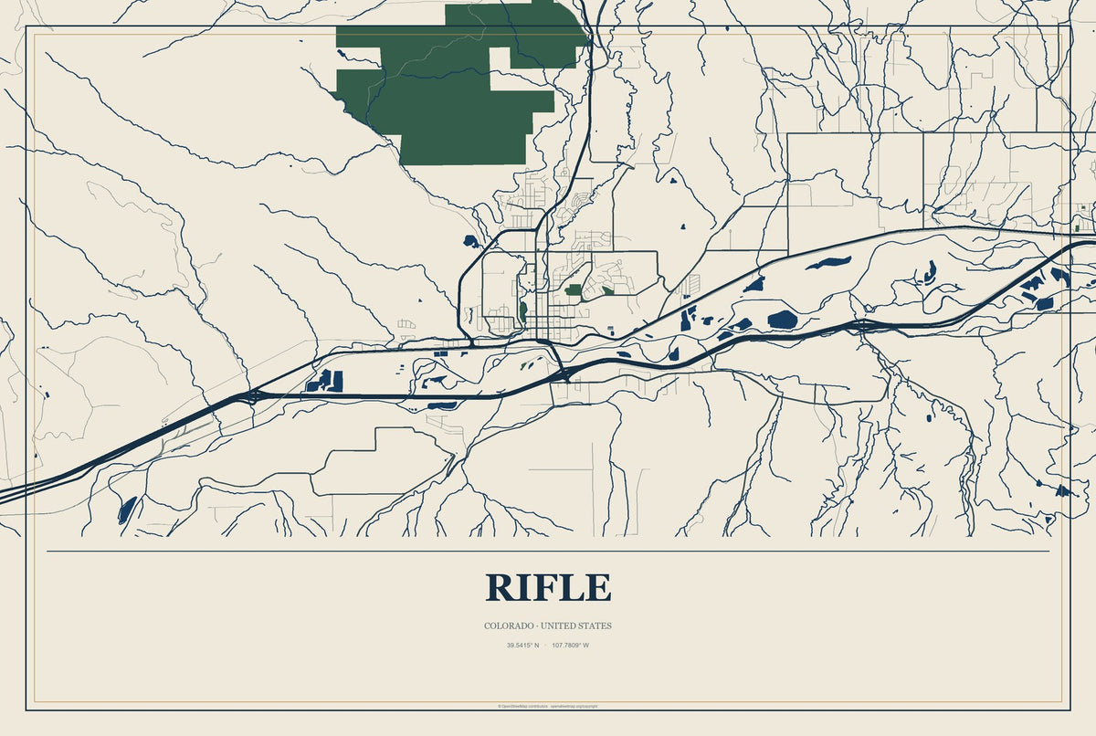 Rifle, Colorado City Map Aluminum Sign in Coastal Cutout style