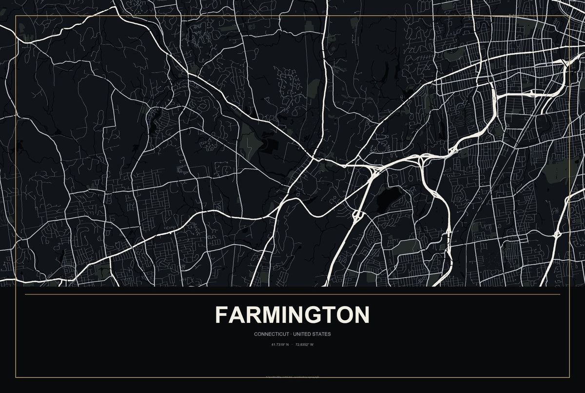 Farmington, Connecticut City Map Aluminum Sign in Metropolitan Noir style