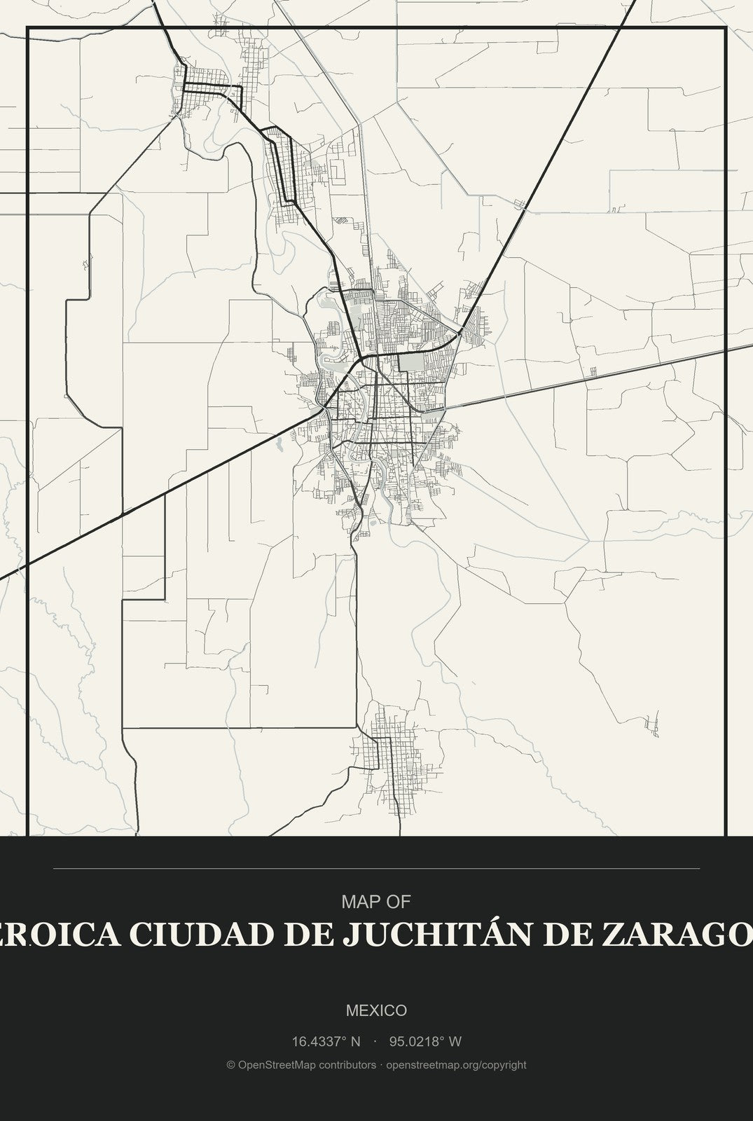 Heroica Ciudad de Juchitán de Zaragoza, Mexico City Map Aluminum Sign in Museum Plaque style
