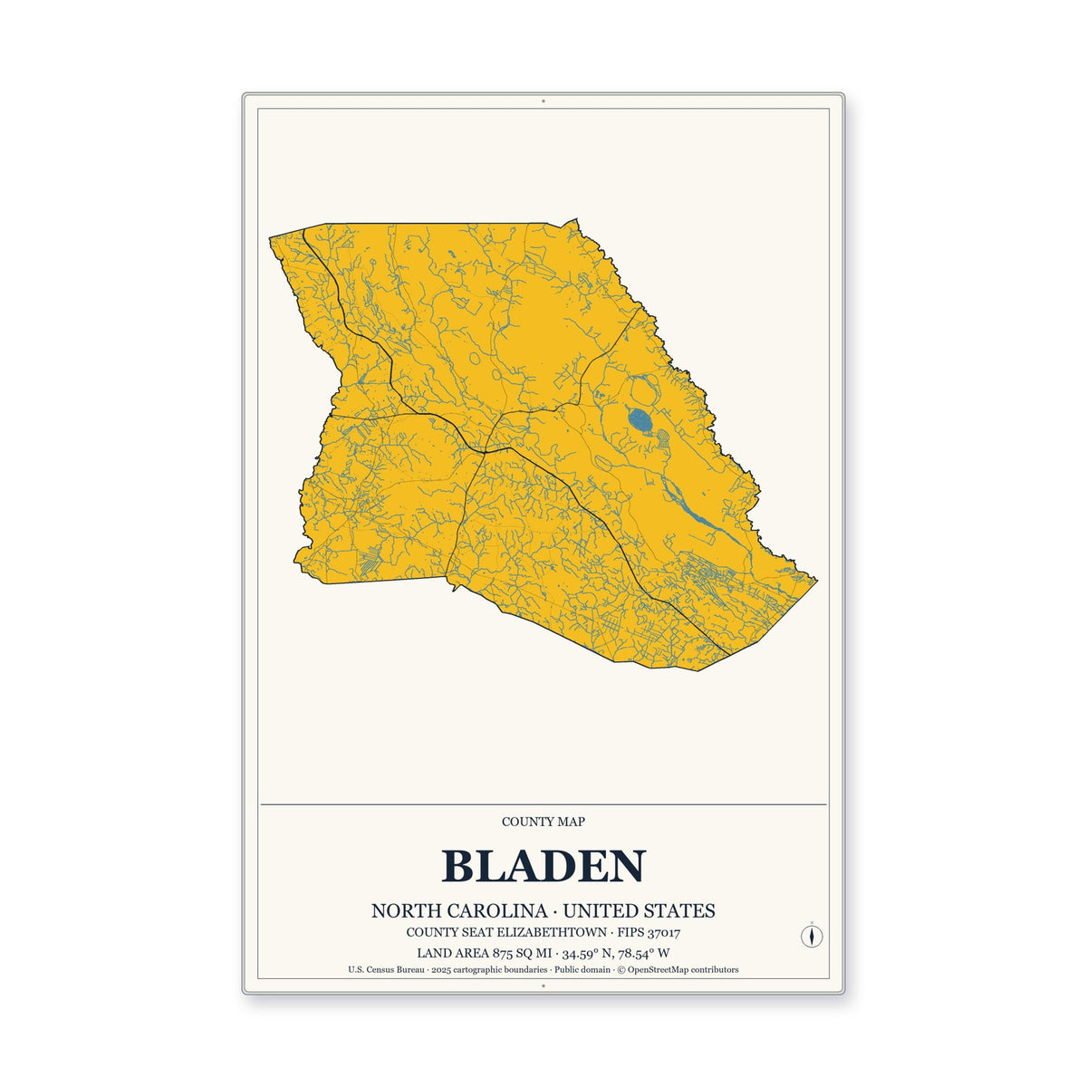 Bladen County, North Carolina Map Aluminum Sign in Citrine Modern style