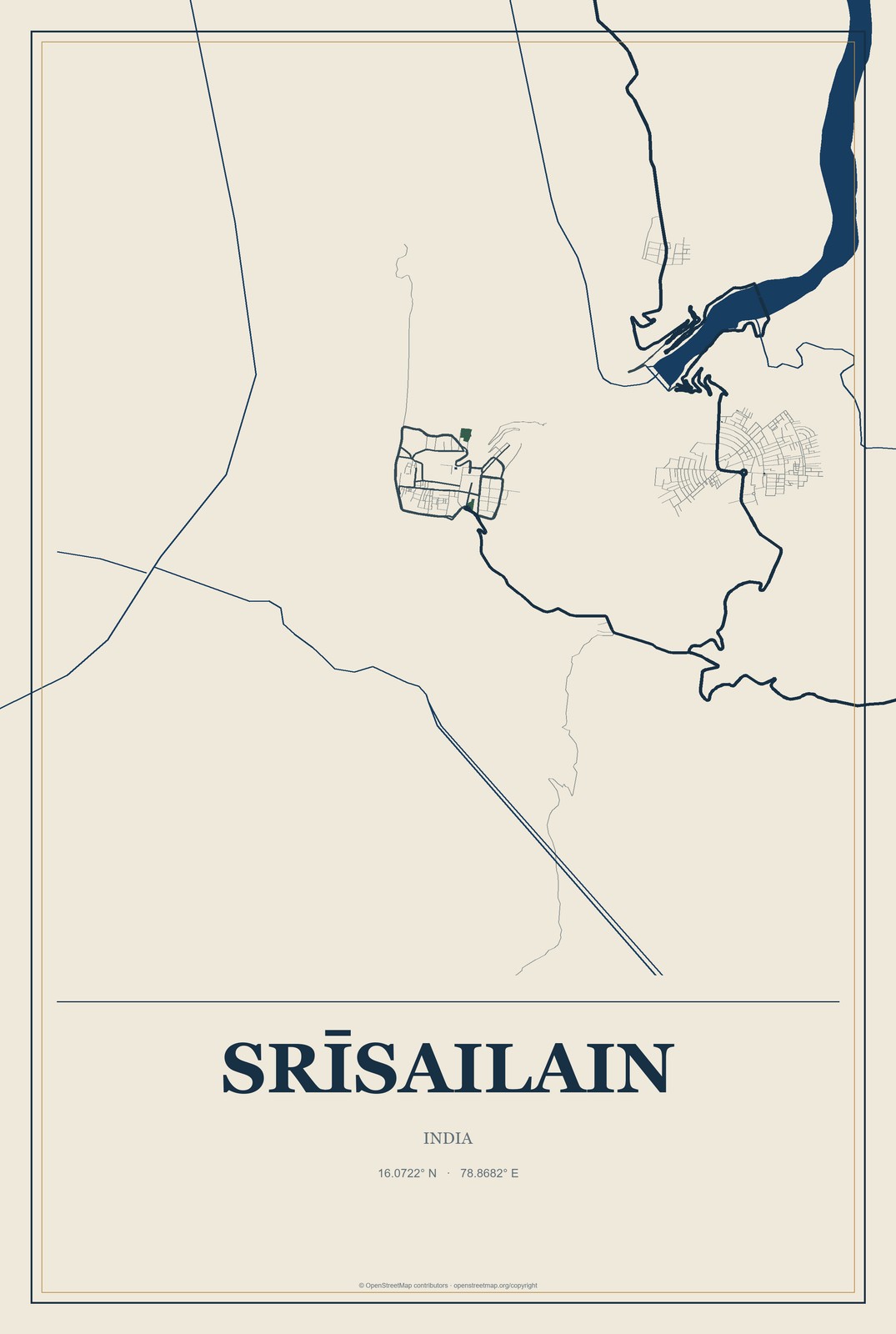 Srīsailain, India City Map Aluminum Sign in Coastal Cutout style