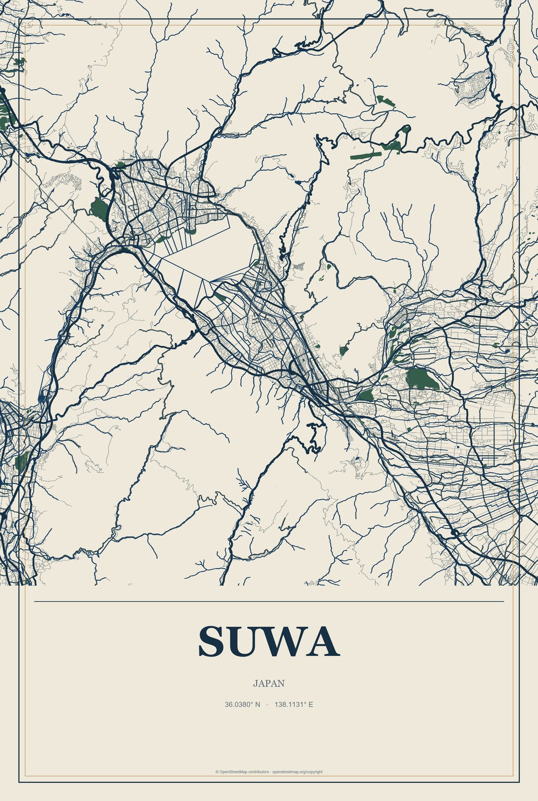 Suwa, Japan City Map Aluminum Sign in Coastal Cutout style