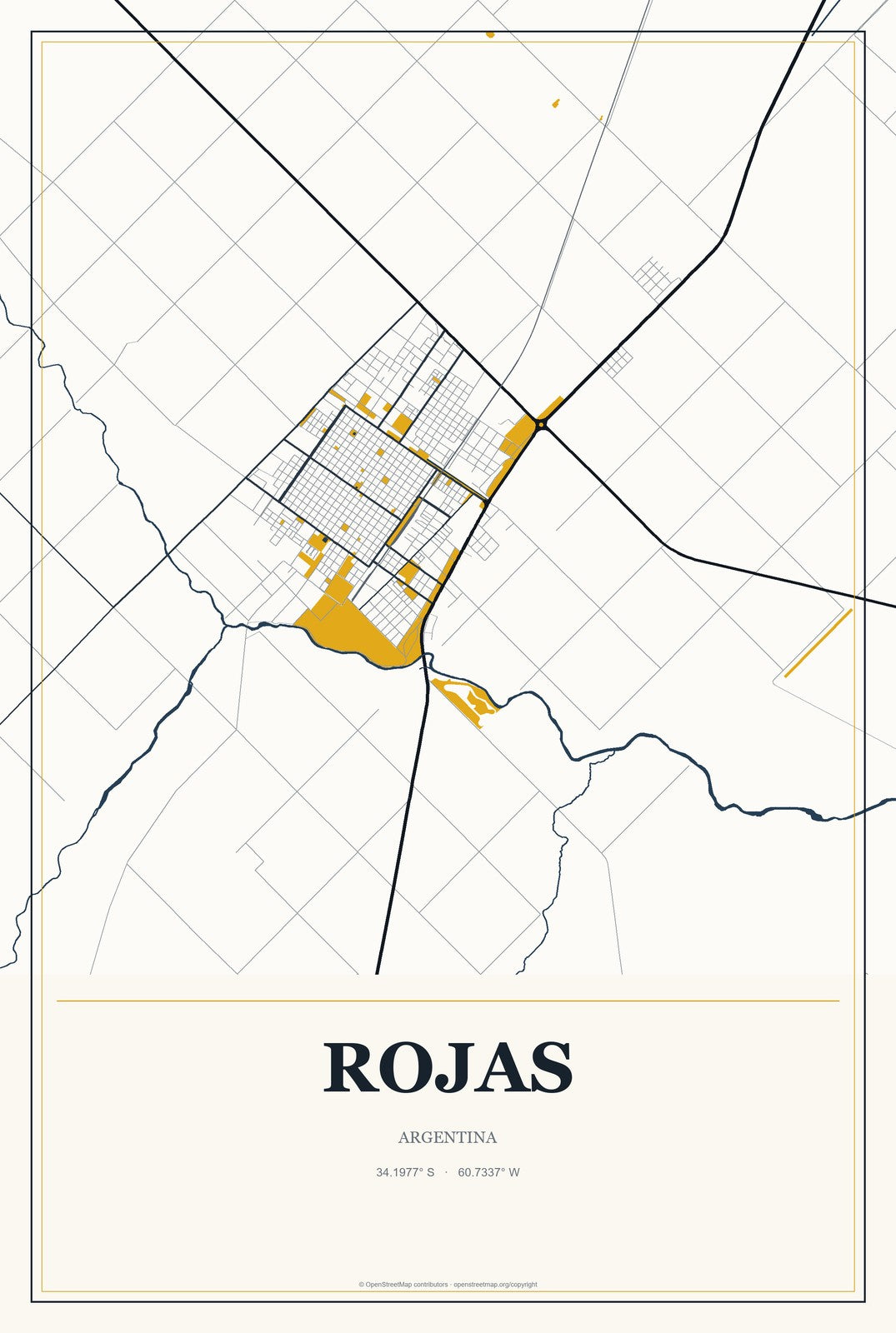 Rojas, Argentina City Map Aluminum Sign in Citrine Modern style