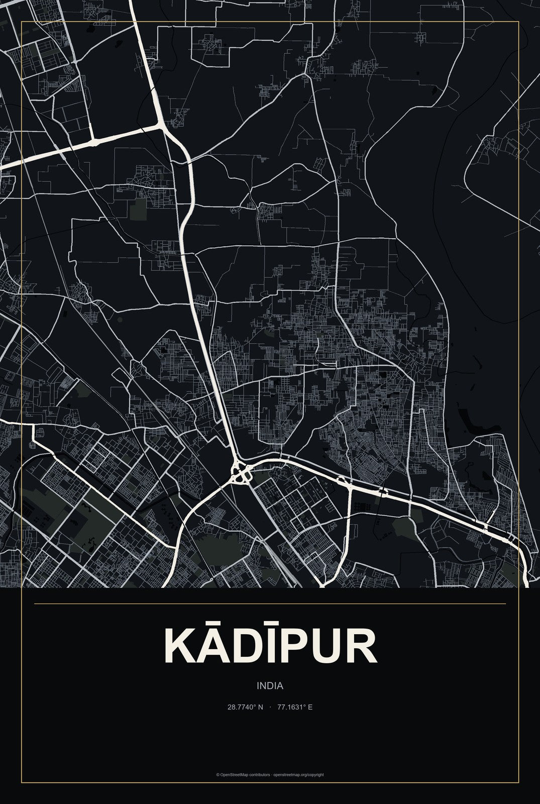 Kādīpur, India City Map Aluminum Sign in Metropolitan Noir style
