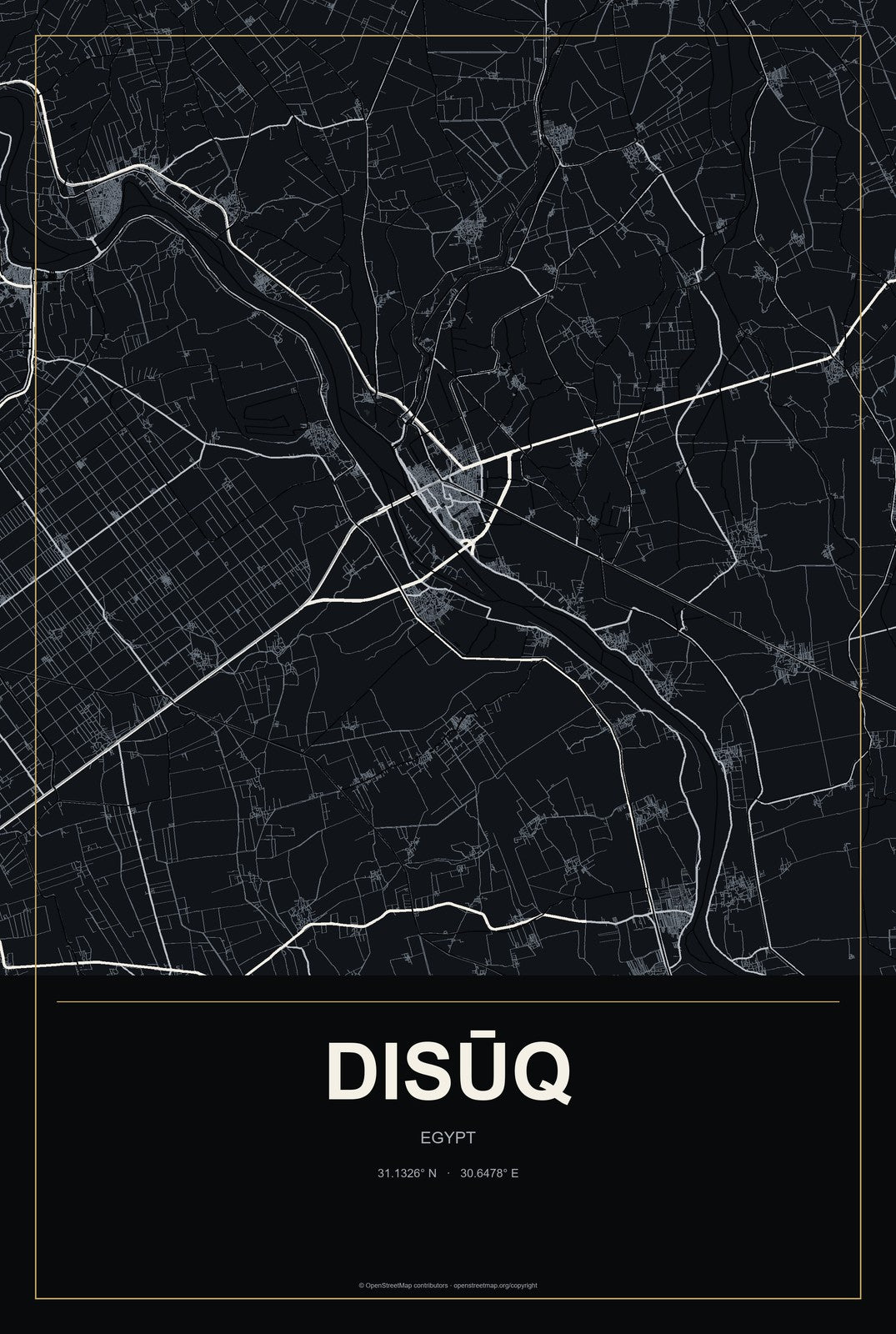 Disūq, Egypt City Map Aluminum Sign in Metropolitan Noir style