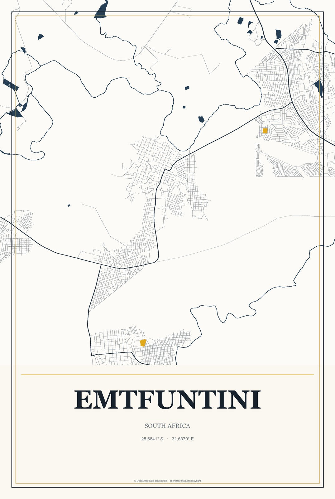 Emtfuntini, South Africa City Map Aluminum Sign in Citrine Modern style