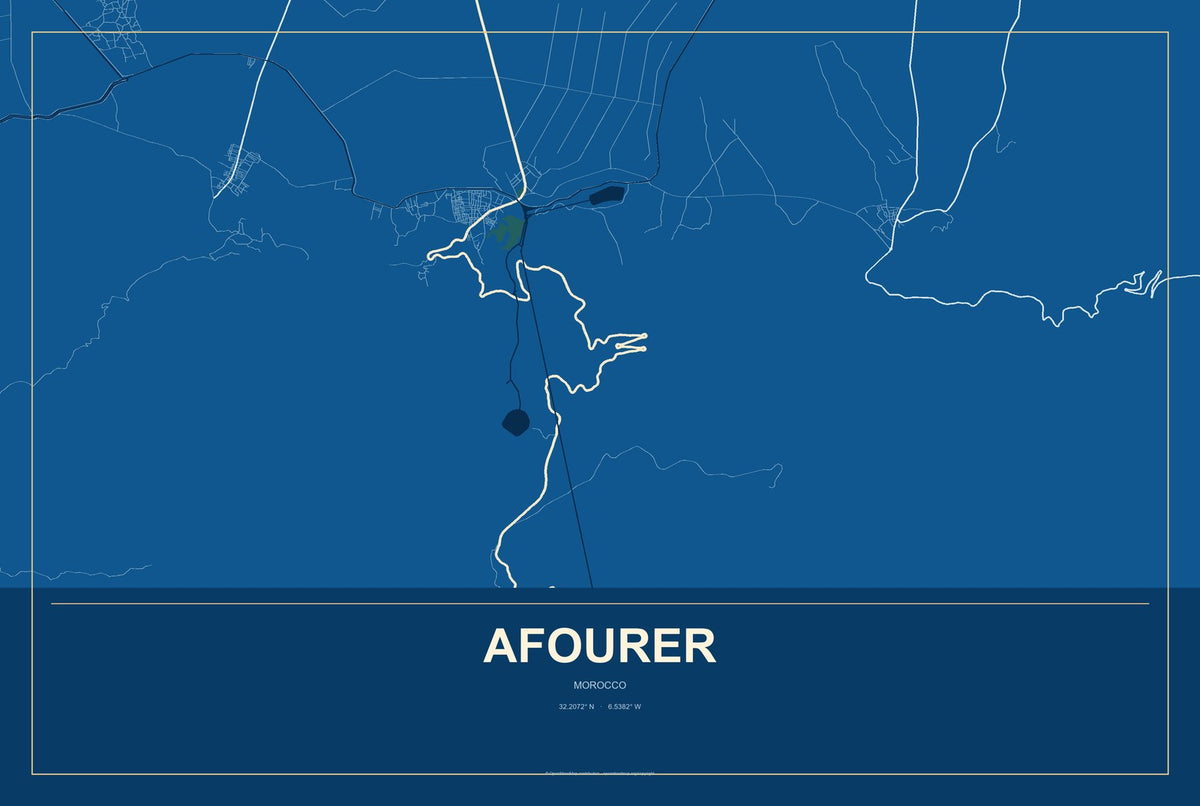 Afourer, Morocco City Map Aluminum Sign in Harbor Cobalt style
