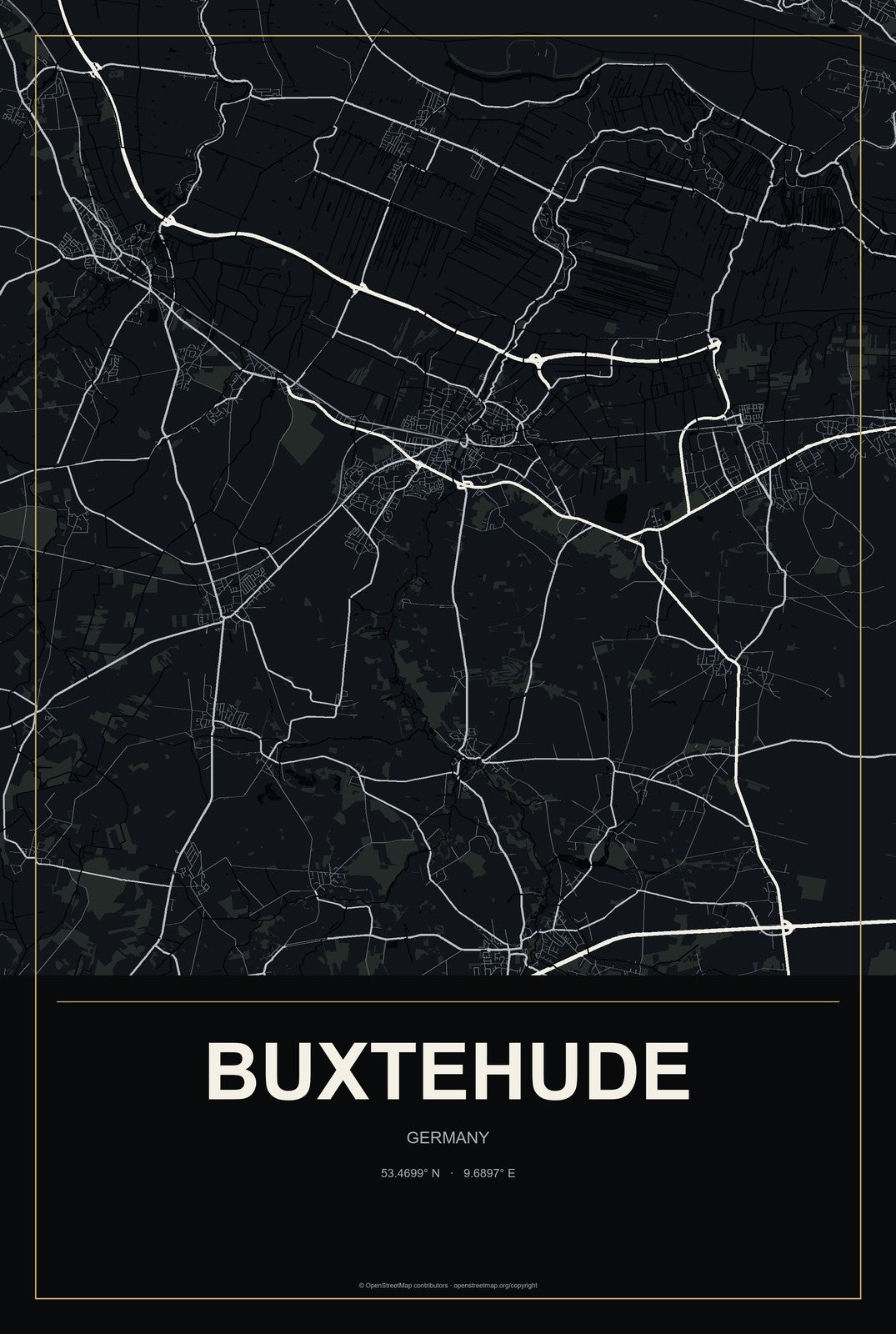 Buxtehude, Germany City Map Aluminum Sign in Metropolitan Noir style