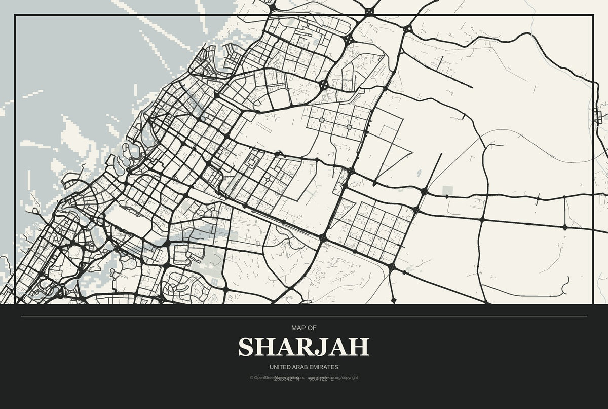 Sharjah, United Arab Emirates City Map Aluminum Sign in Museum Plaque style