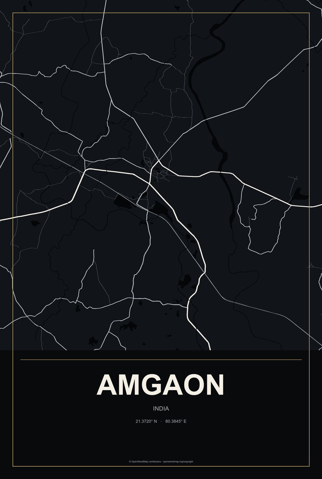 Amgaon, India City Map Aluminum Sign in Metropolitan Noir style