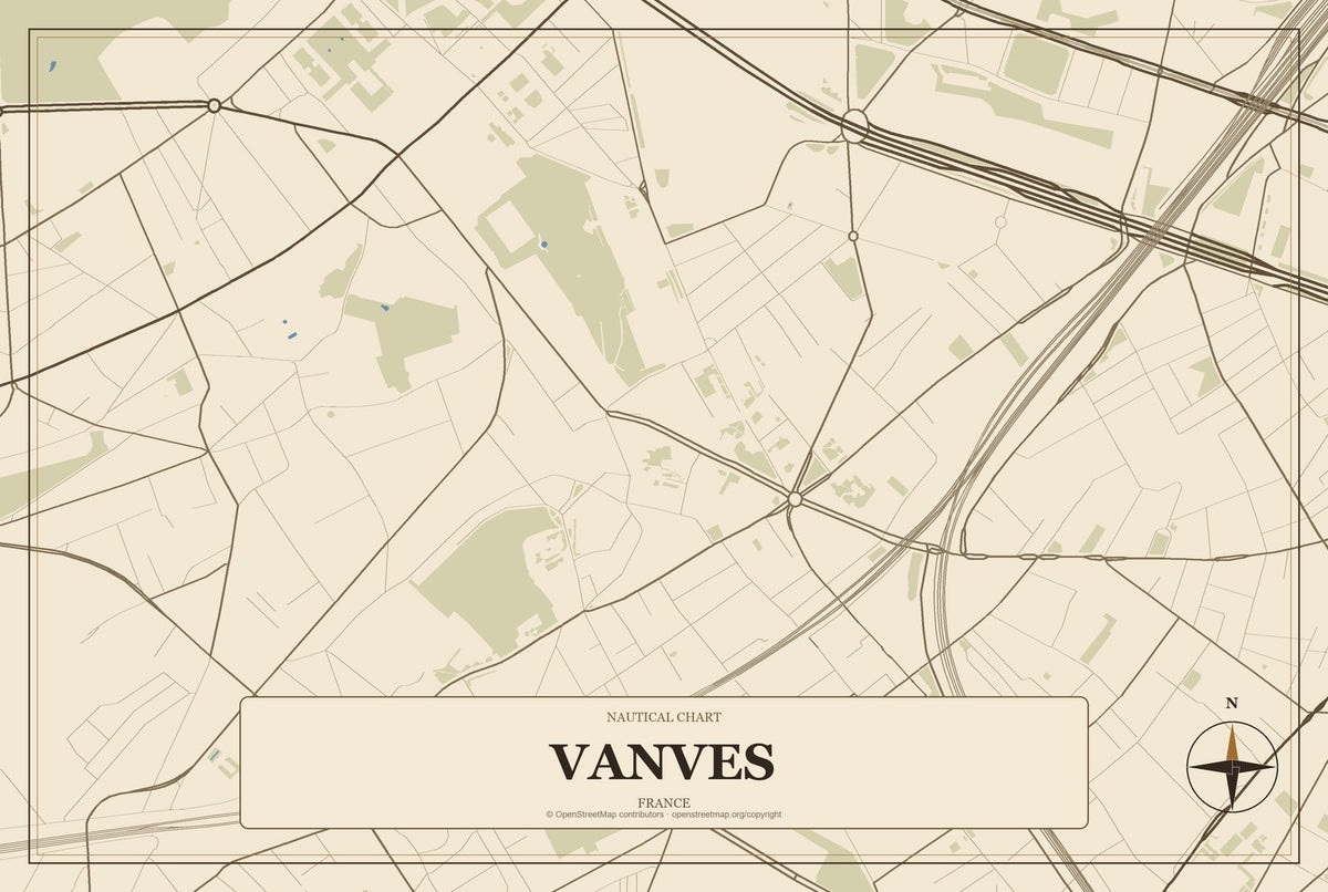 Vanves, France City Map Aluminum Sign in Heritage Nautical style