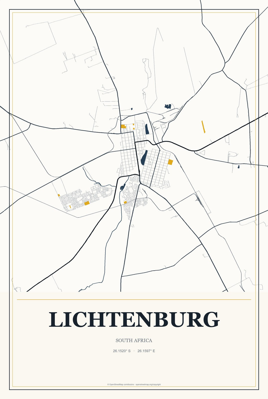 Lichtenburg, South Africa City Map Aluminum Sign in Citrine Modern style