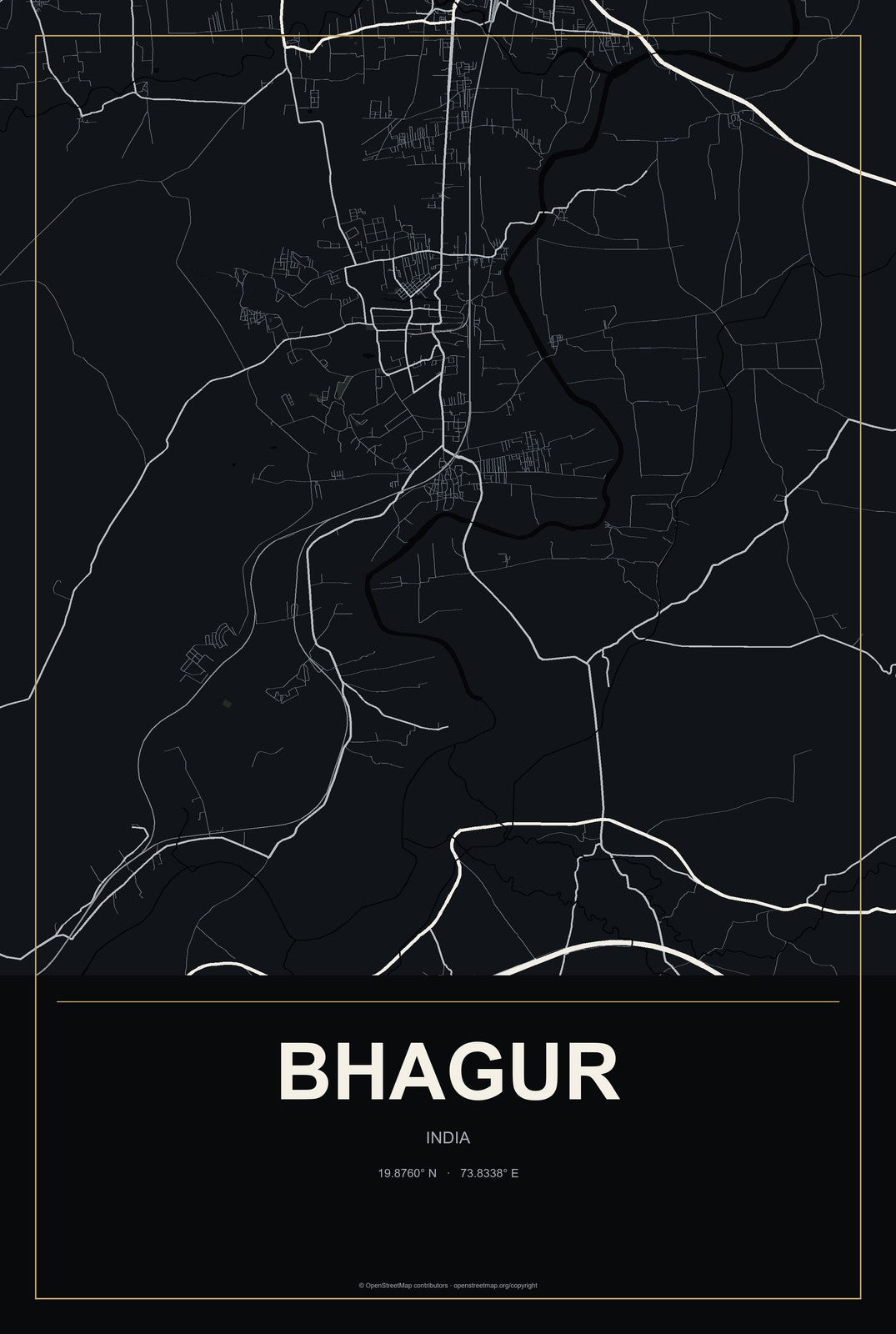 Bhagur, India City Map Aluminum Sign in Metropolitan Noir style