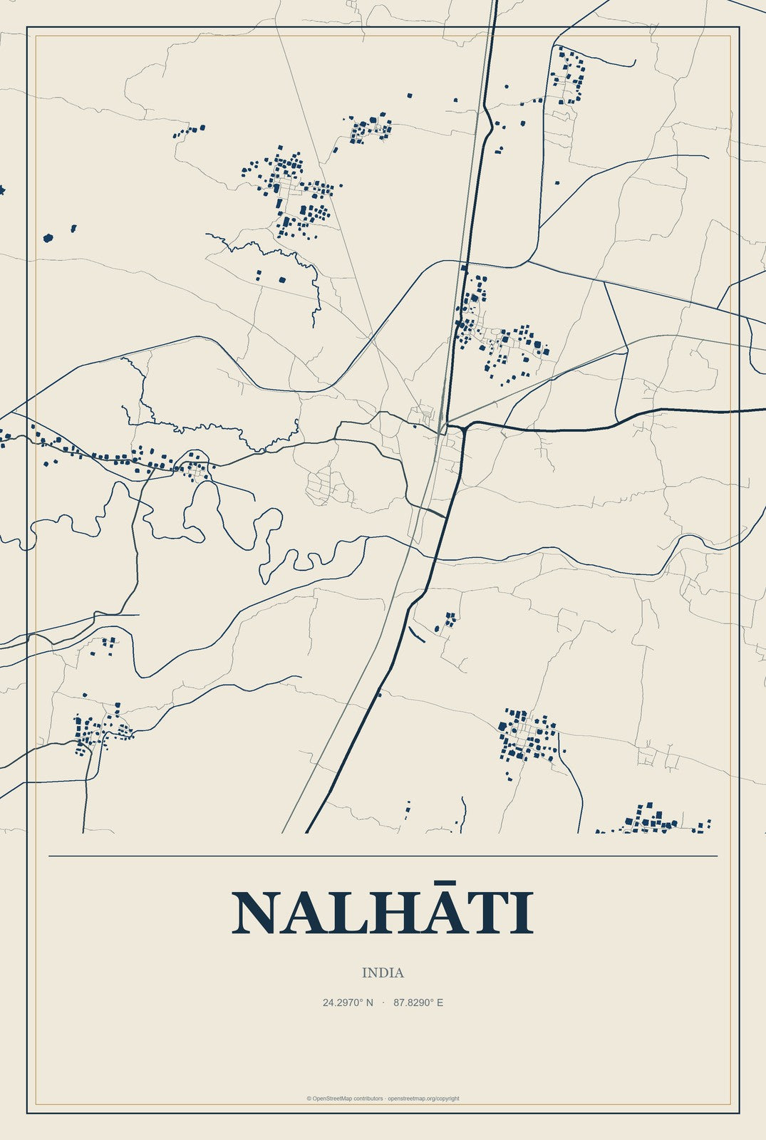 Nalhāti, India City Map Aluminum Sign in Coastal Cutout style