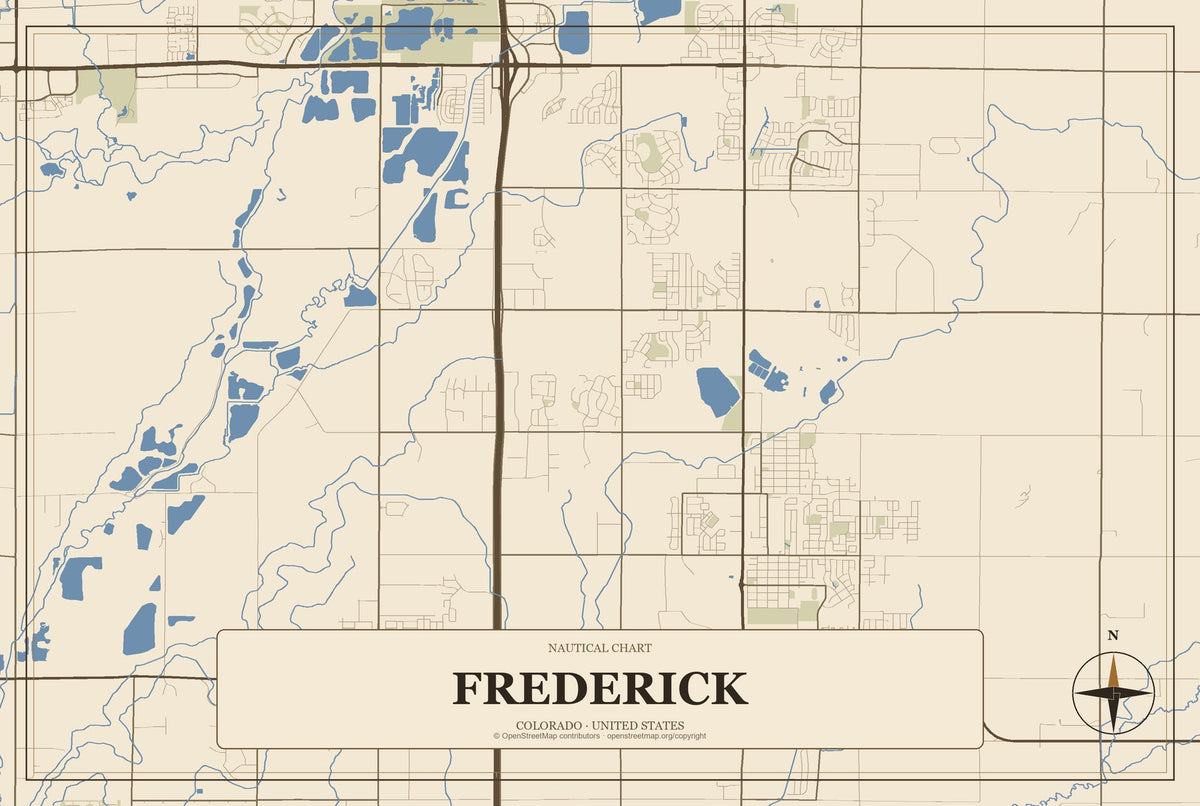 Frederick, Colorado City Map Aluminum Sign in Heritage Nautical style