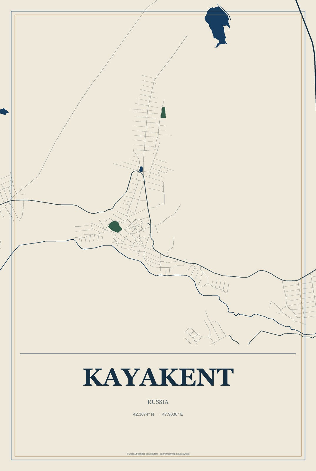 Kayakent, Russia City Map Aluminum Sign in Coastal Cutout style