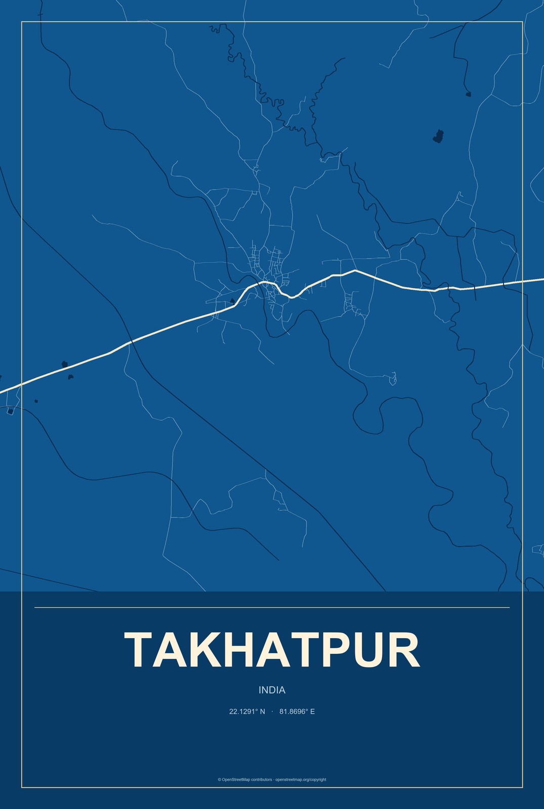Takhatpur, India City Map Aluminum Sign in Harbor Cobalt style