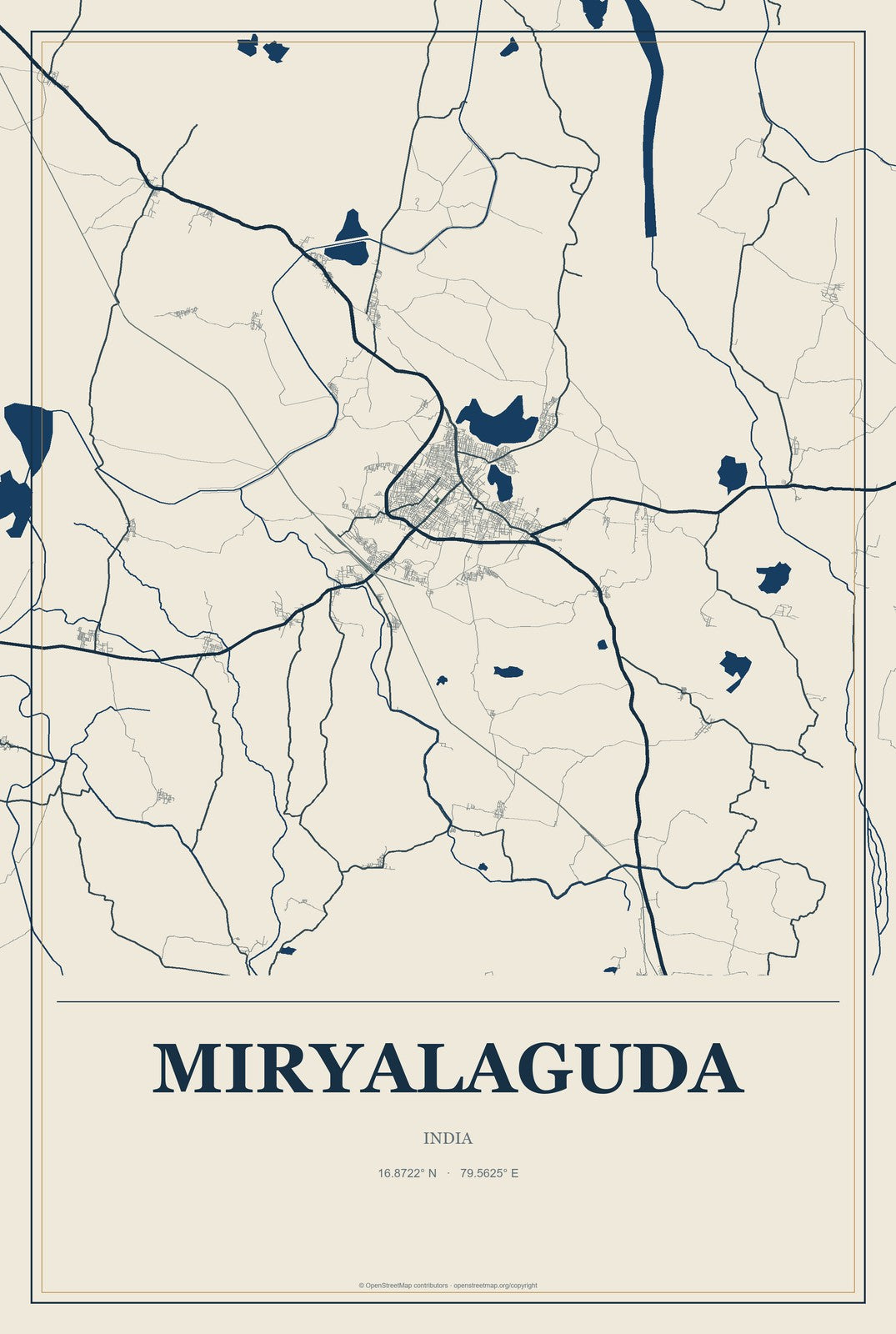 Miryalaguda, India City Map Aluminum Sign in Coastal Cutout style
