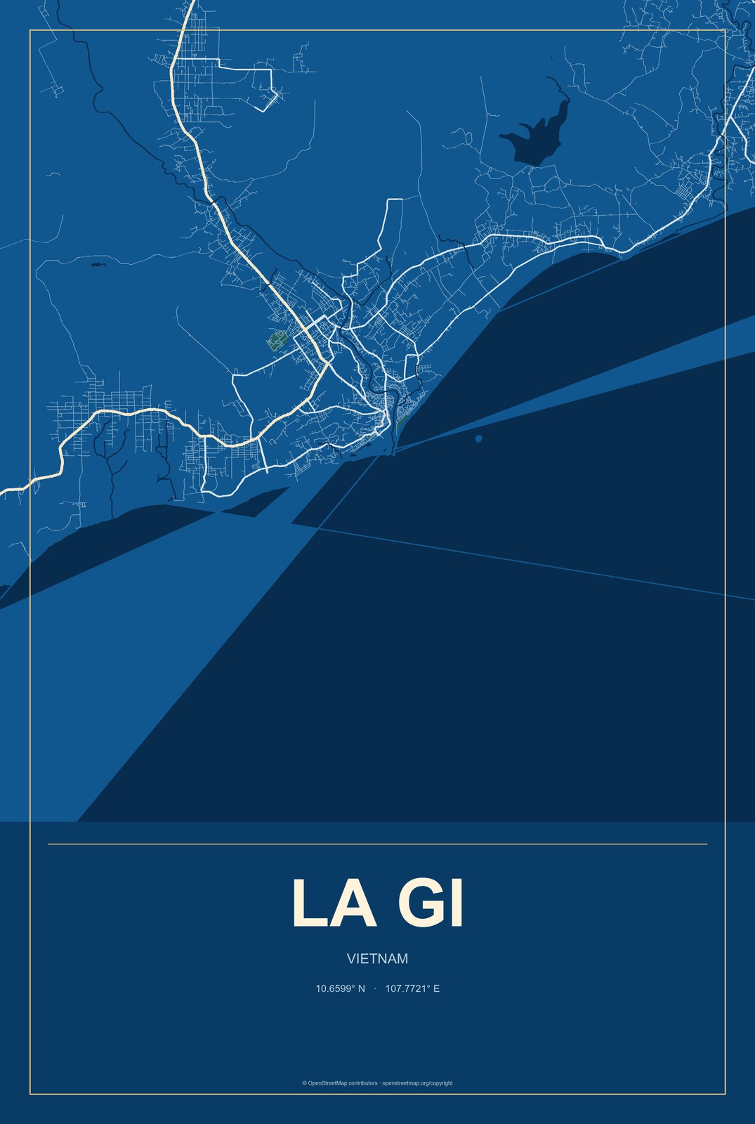 La Gi, Vietnam City Map Aluminum Sign in Harbor Cobalt style