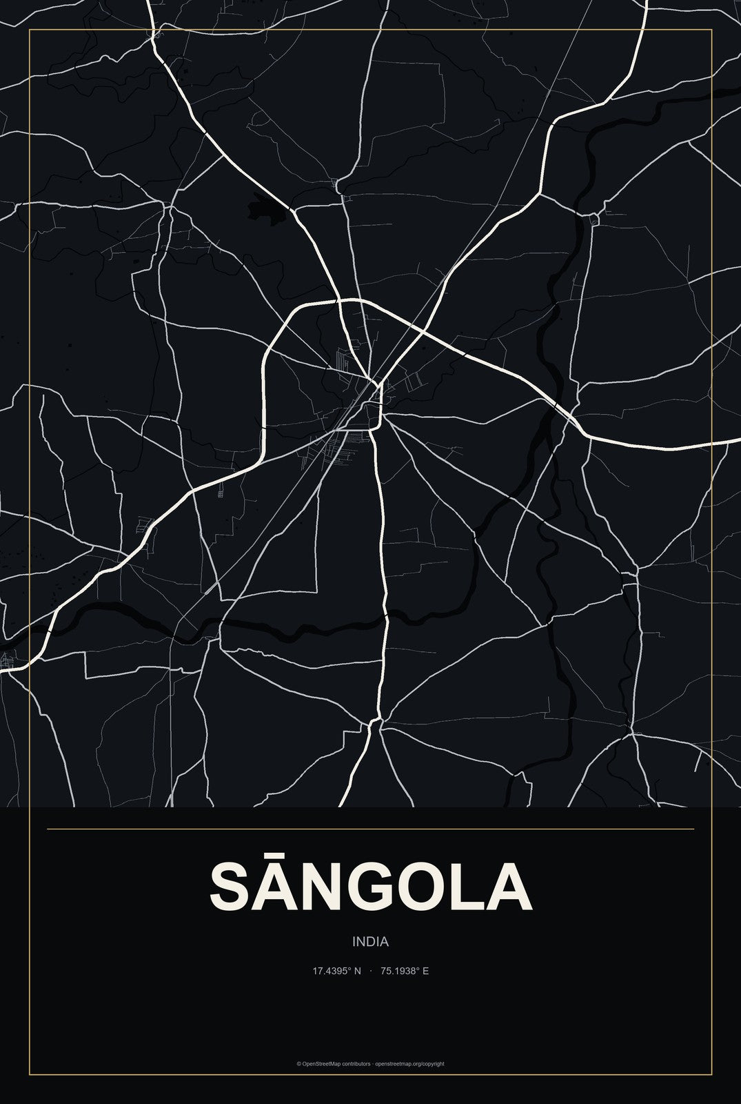 Sāngola, India City Map Aluminum Sign in Metropolitan Noir style