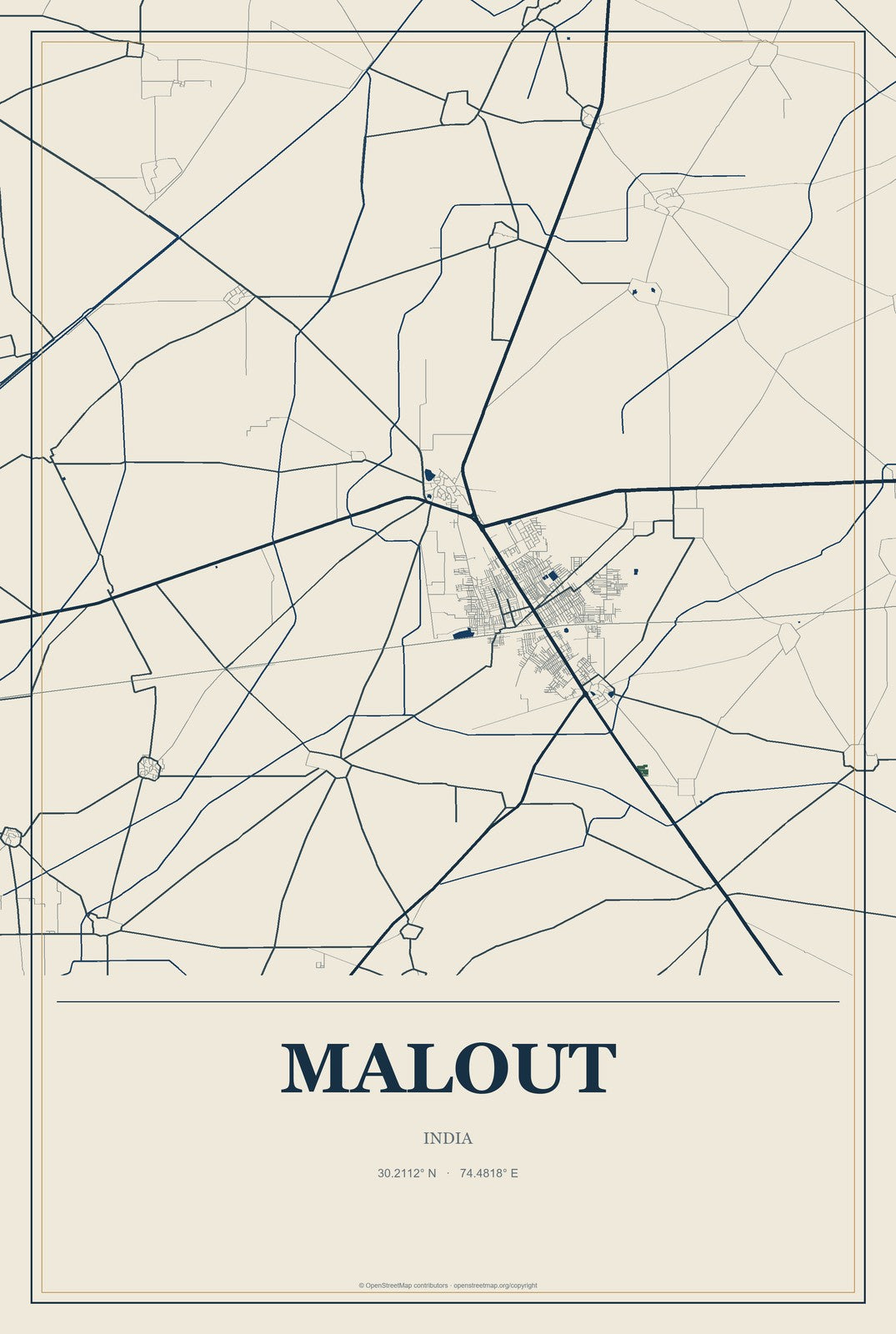 Malout, India City Map Aluminum Sign in Coastal Cutout style