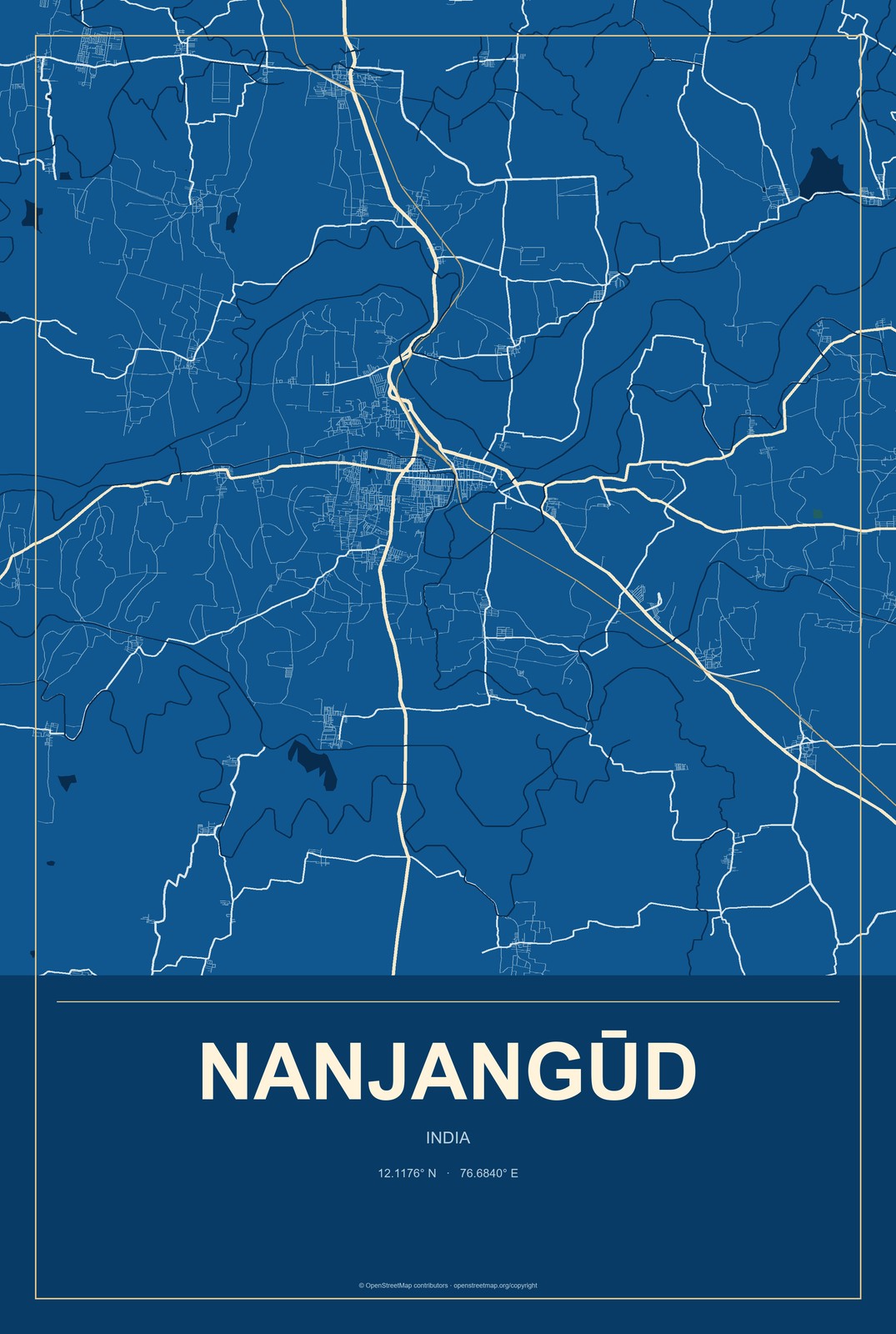 Nanjangūd, India City Map Aluminum Sign in Harbor Cobalt style