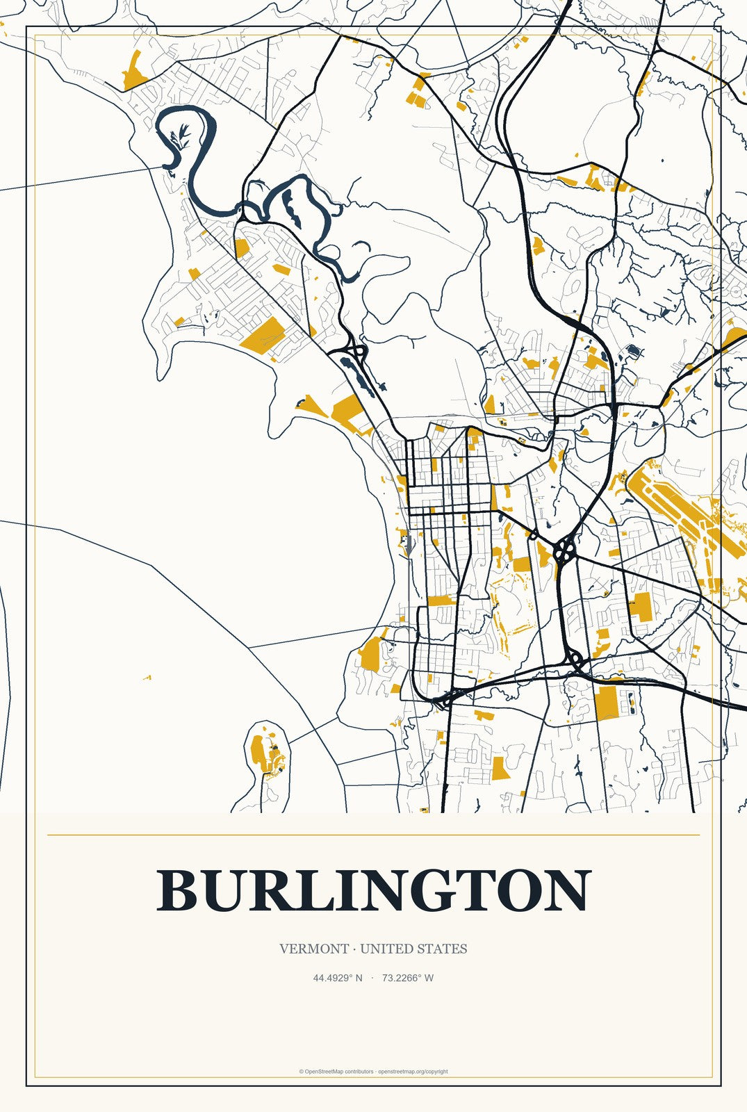 Burlington, Vermont City Map Aluminum Sign in Citrine Modern style