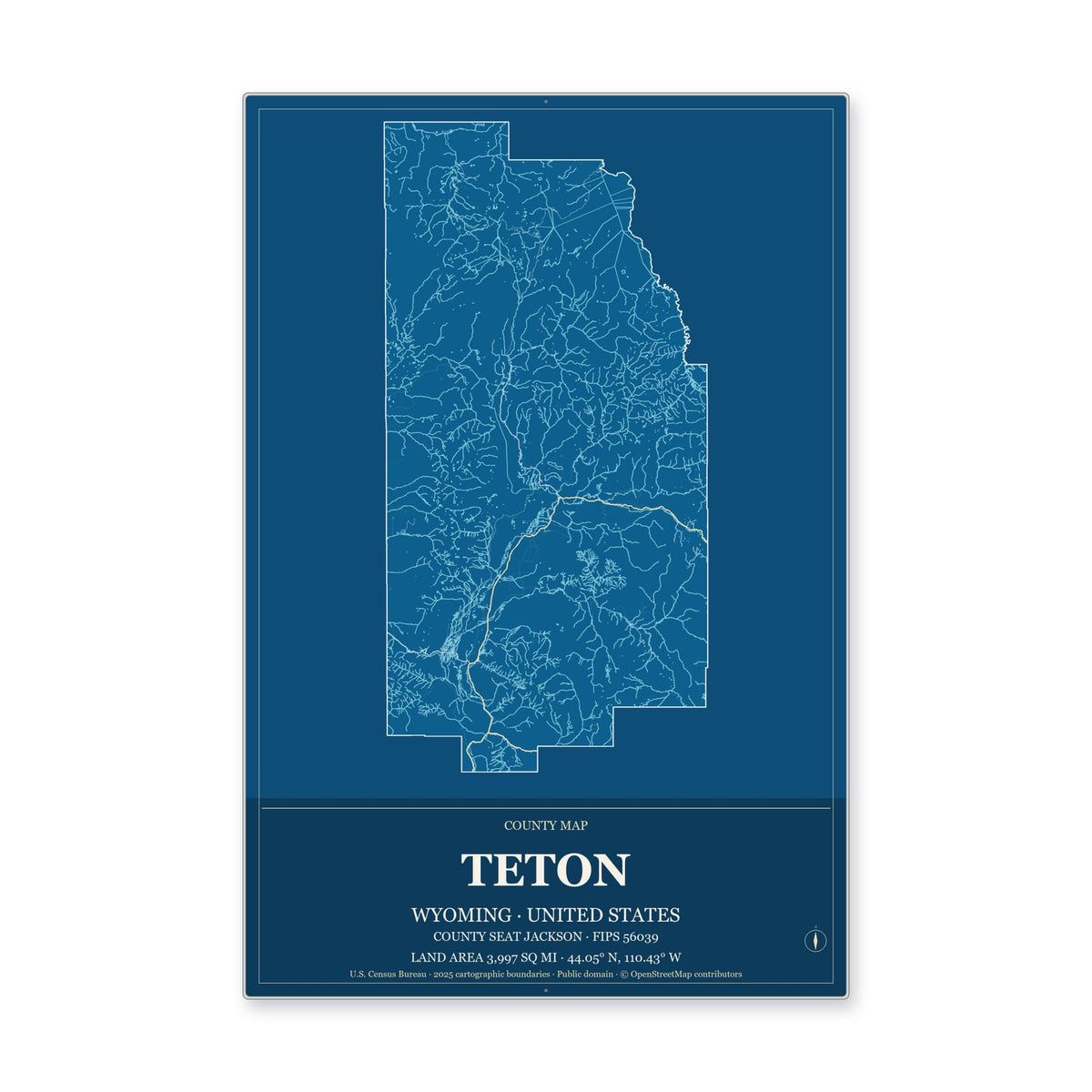 Teton County, Wyoming Map Aluminum Sign in Harbor Cobalt style