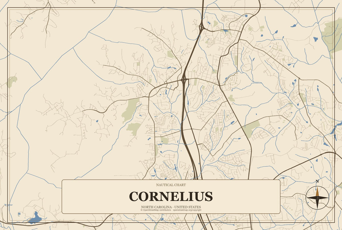 Cornelius, North Carolina City Map Aluminum Sign in Heritage Nautical style