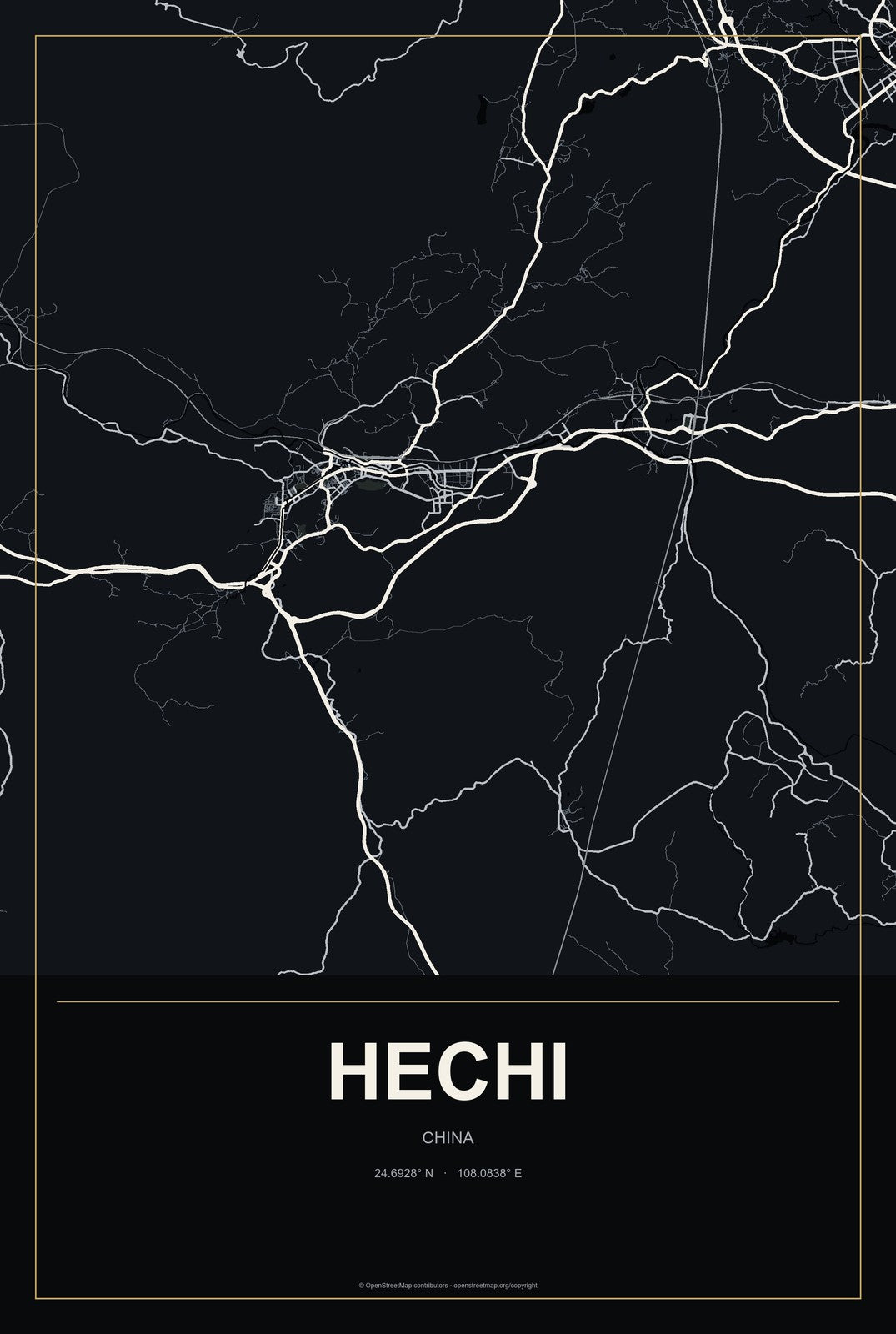 Hechi, China City Map Aluminum Sign in Metropolitan Noir style