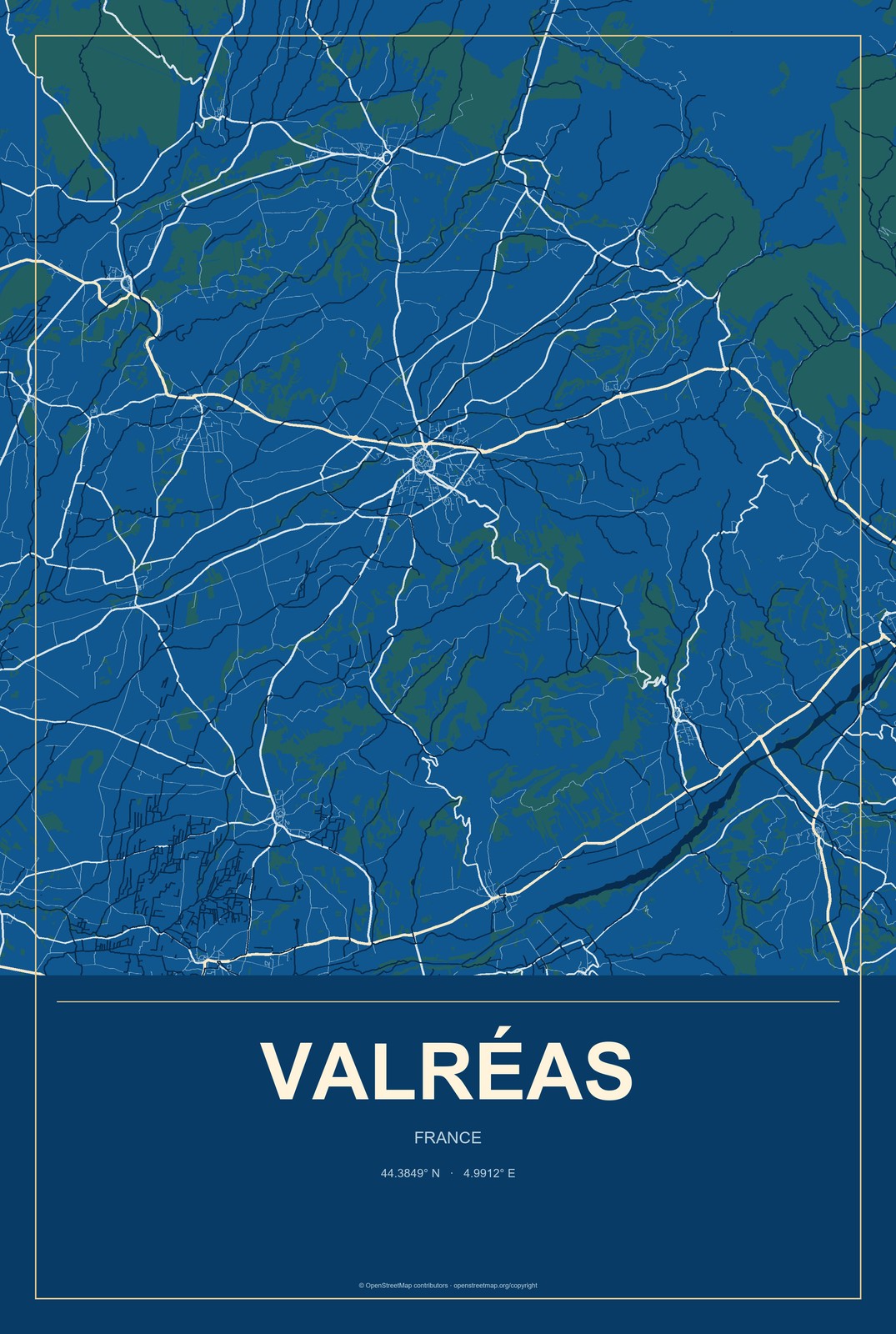 Valréas, France City Map Aluminum Sign in Harbor Cobalt style