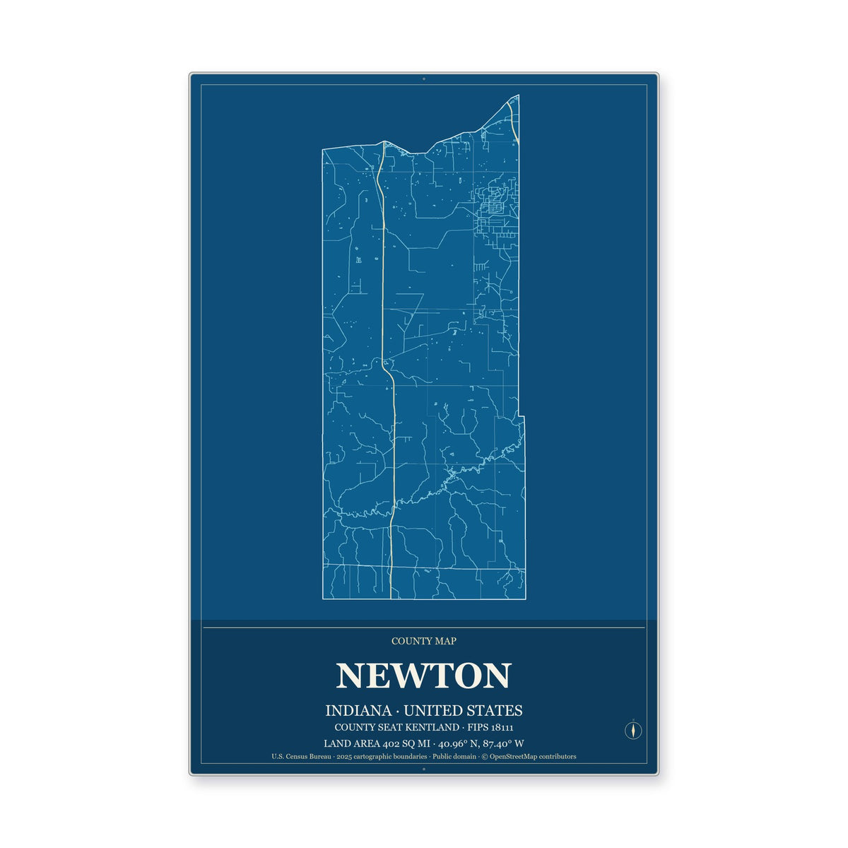 Newton County, Indiana Map Aluminum Sign in Harbor Cobalt style