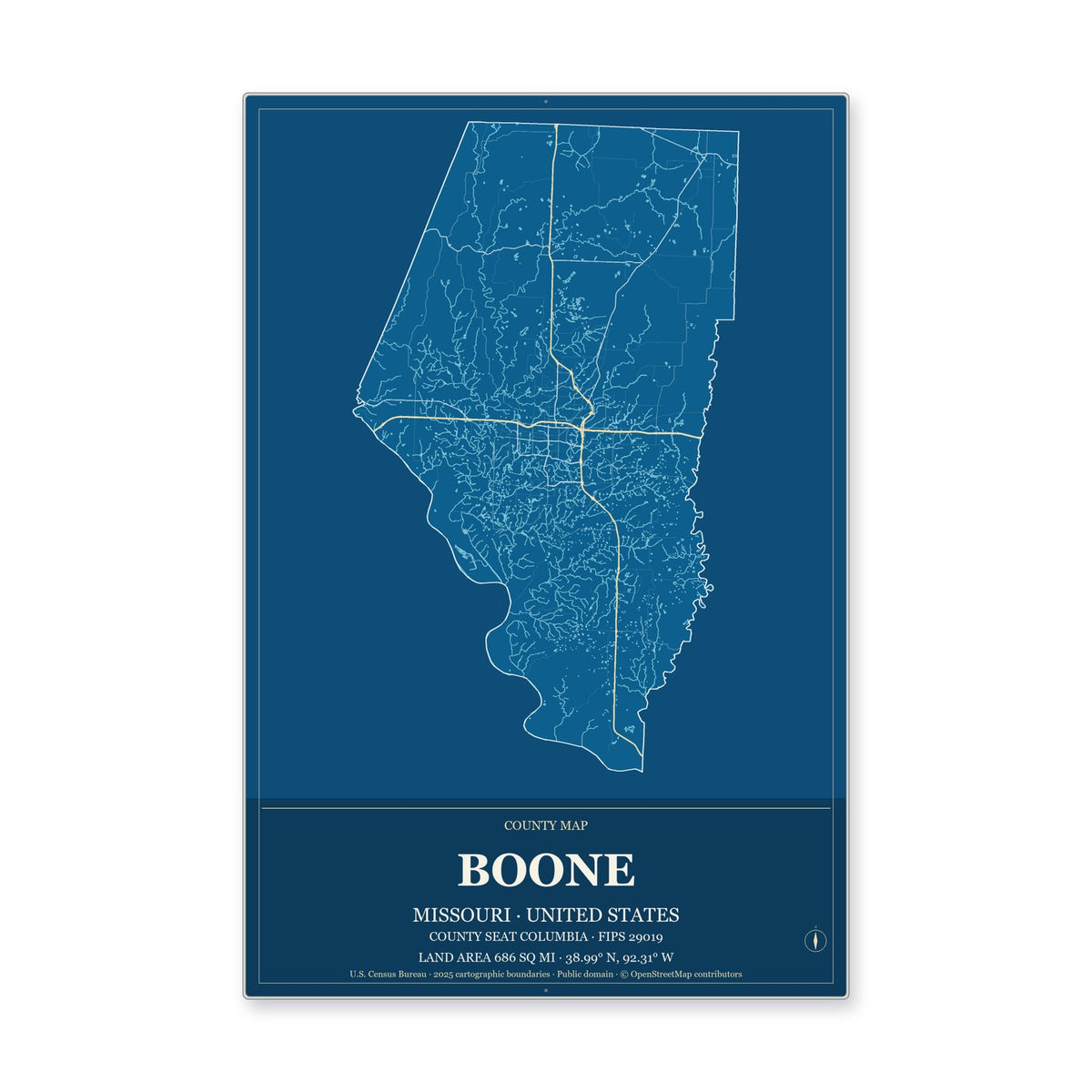 Boone County, Missouri Map Aluminum Sign in Harbor Cobalt style