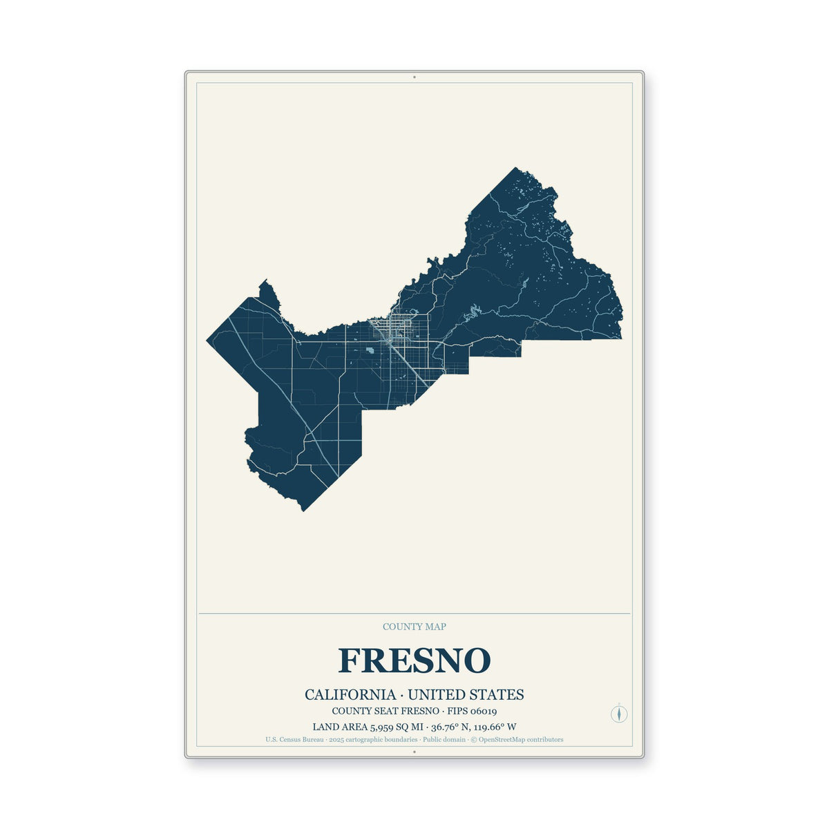 Fresno County, California Map Aluminum Sign in Coastal Cutout style