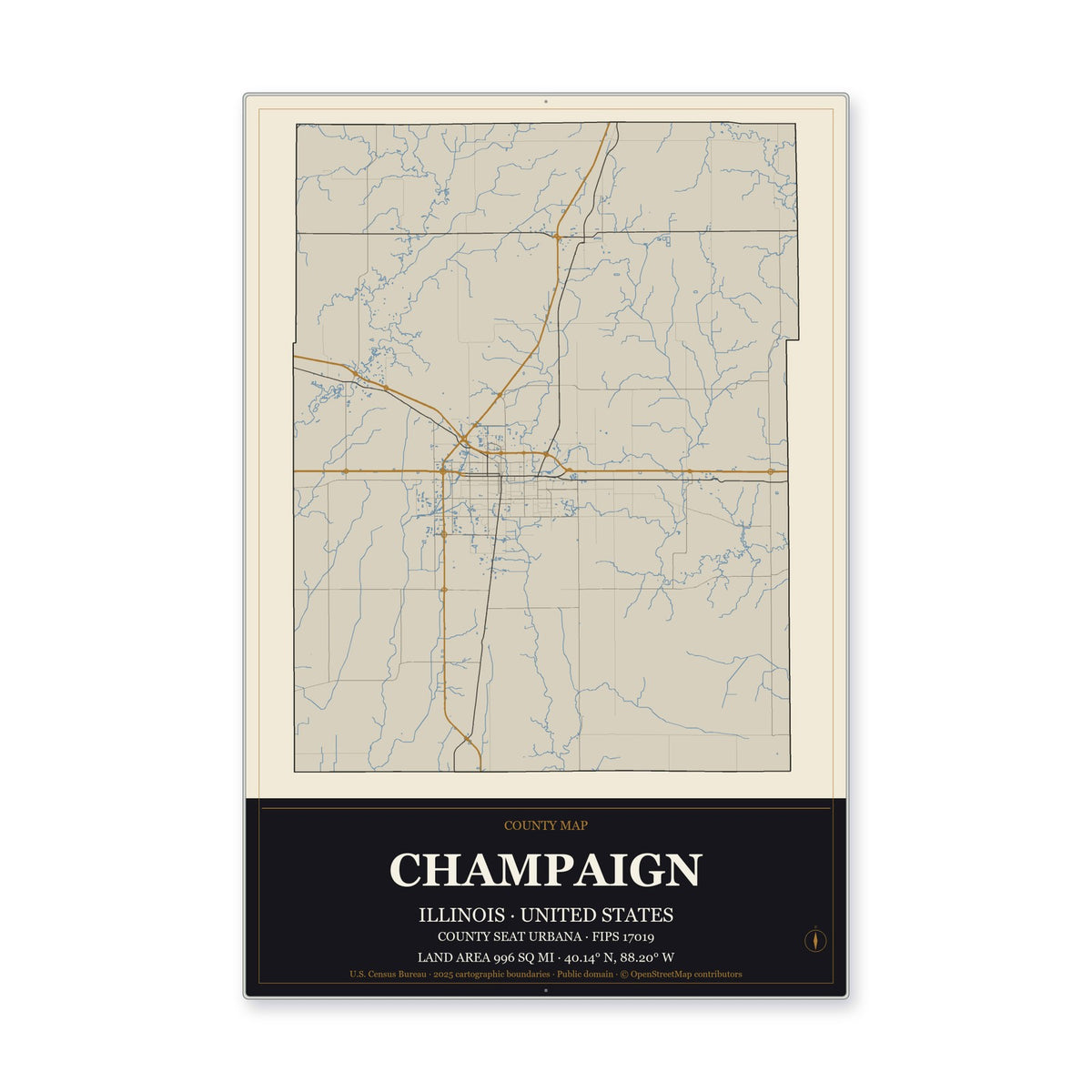 Champaign County, Illinois Map Aluminum Sign in Museum Plaque style
