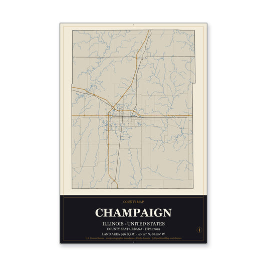 Champaign County, Illinois Map Aluminum Sign in Museum Plaque style
