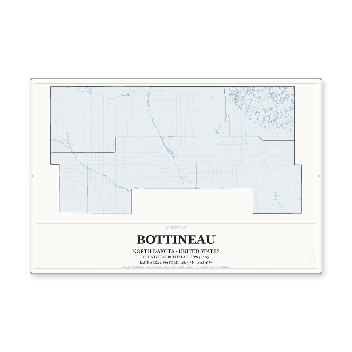 Bottineau County, North Dakota Map Aluminum Sign in Gallery Air style