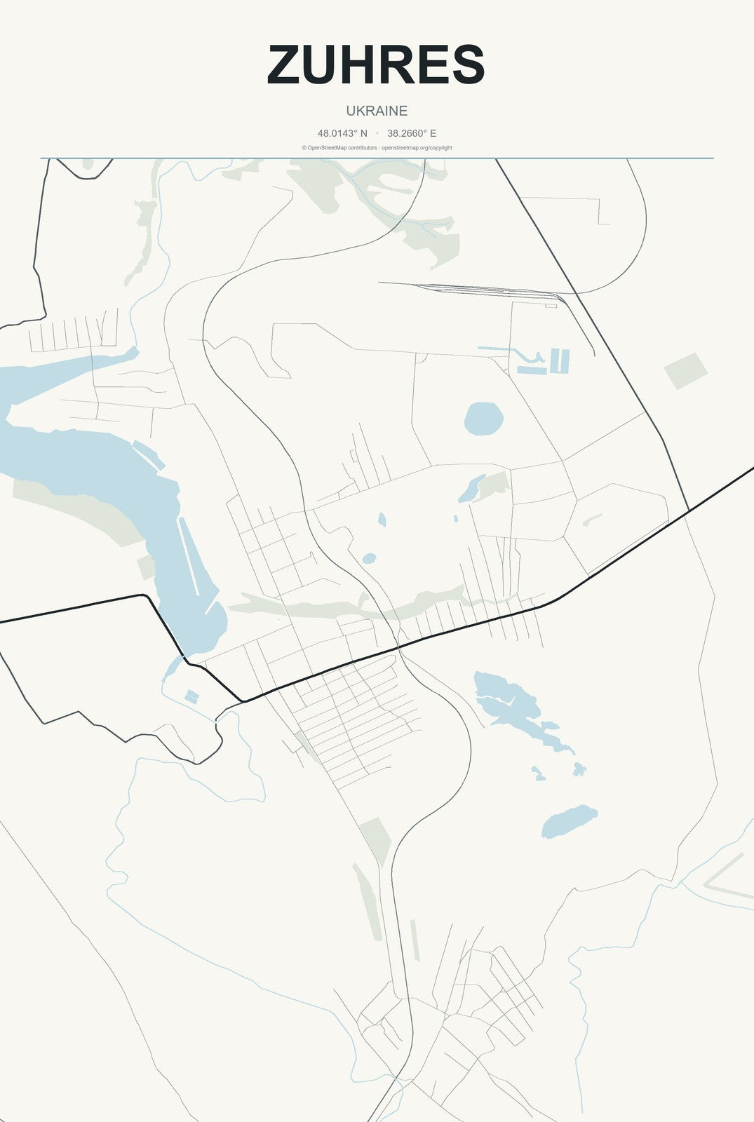 Zuhres, Ukraine City Map Aluminum Sign in Headline Atlas style