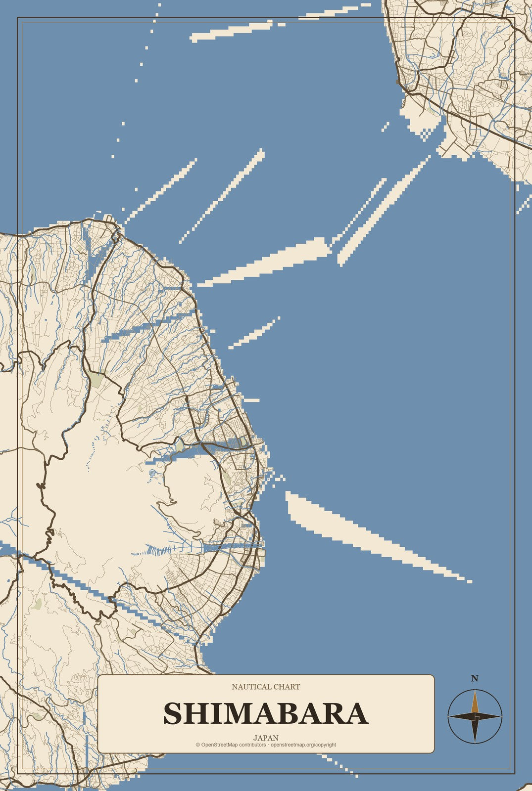 Shimabara, Japan City Map Aluminum Sign in Heritage Nautical style