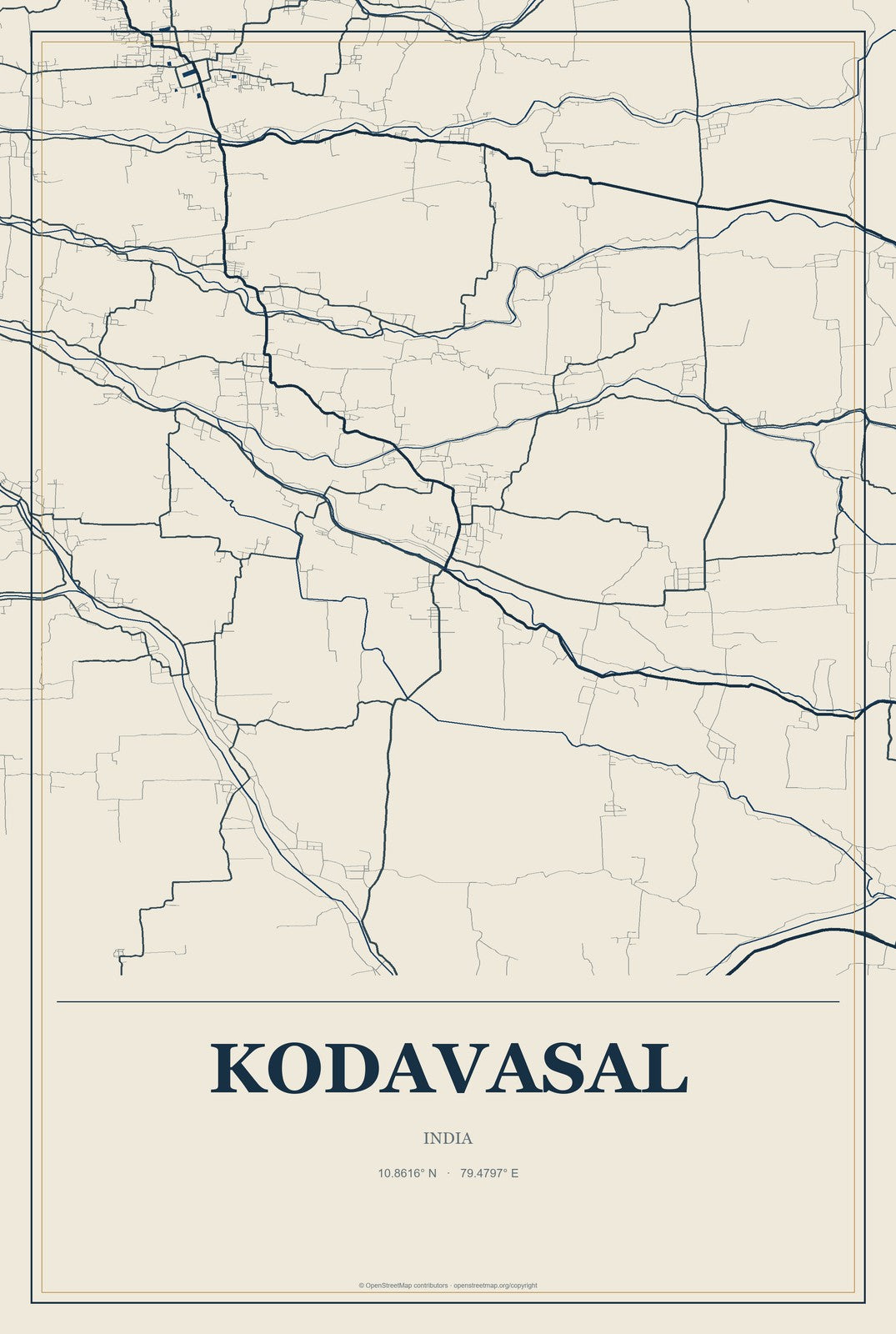 Kodavasal, India City Map Aluminum Sign in Coastal Cutout style