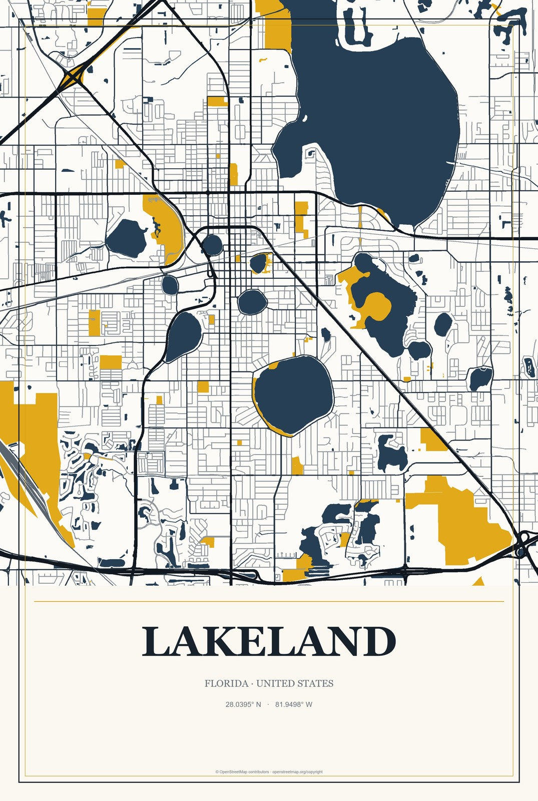Lakeland, Florida City Map Aluminum Sign in Citrine Modern style