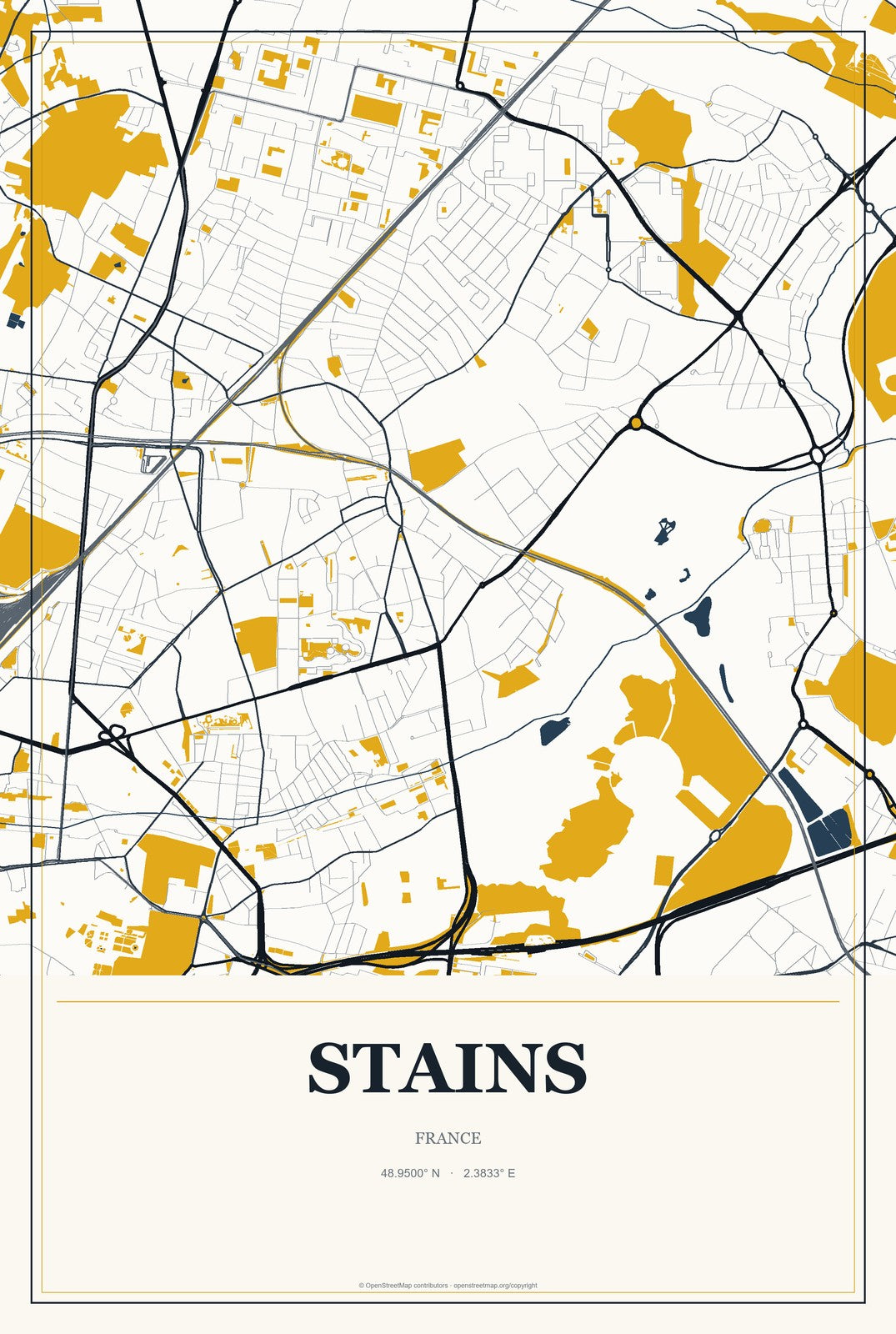 Stains, France City Map Aluminum Sign in Citrine Modern style