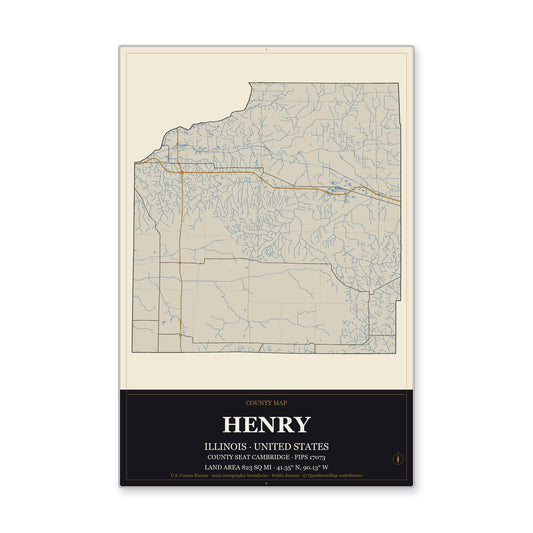 Henry County, Illinois Map Aluminum Sign in Museum Plaque style