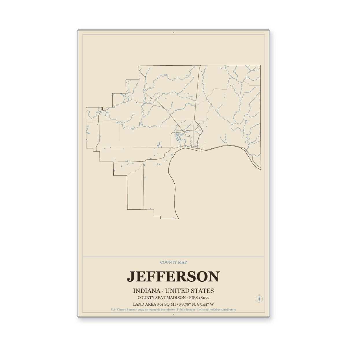 Jefferson County, Indiana Map Aluminum Sign in Heritage Nautical style